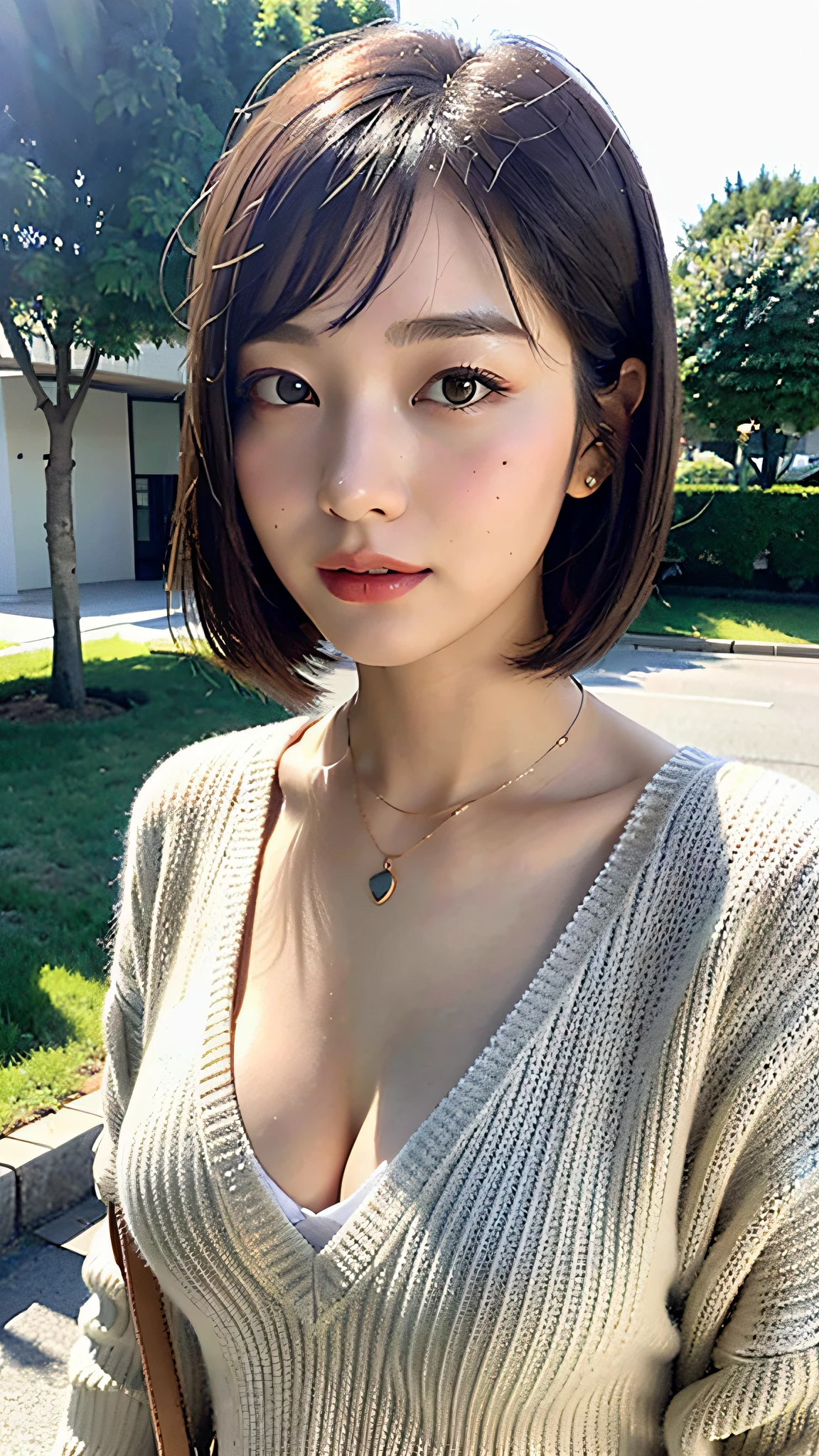 (Best Quality, 8k, 32k, Masterpiece, UHD: 1.2), Cute Japan Woman Pictures, Big Breasts, Cleavage, Very Short Bob Hair, Upper Body, Face Focus, oversized_sweater, Necklace, School Background, From Above, Watch the Viewer,