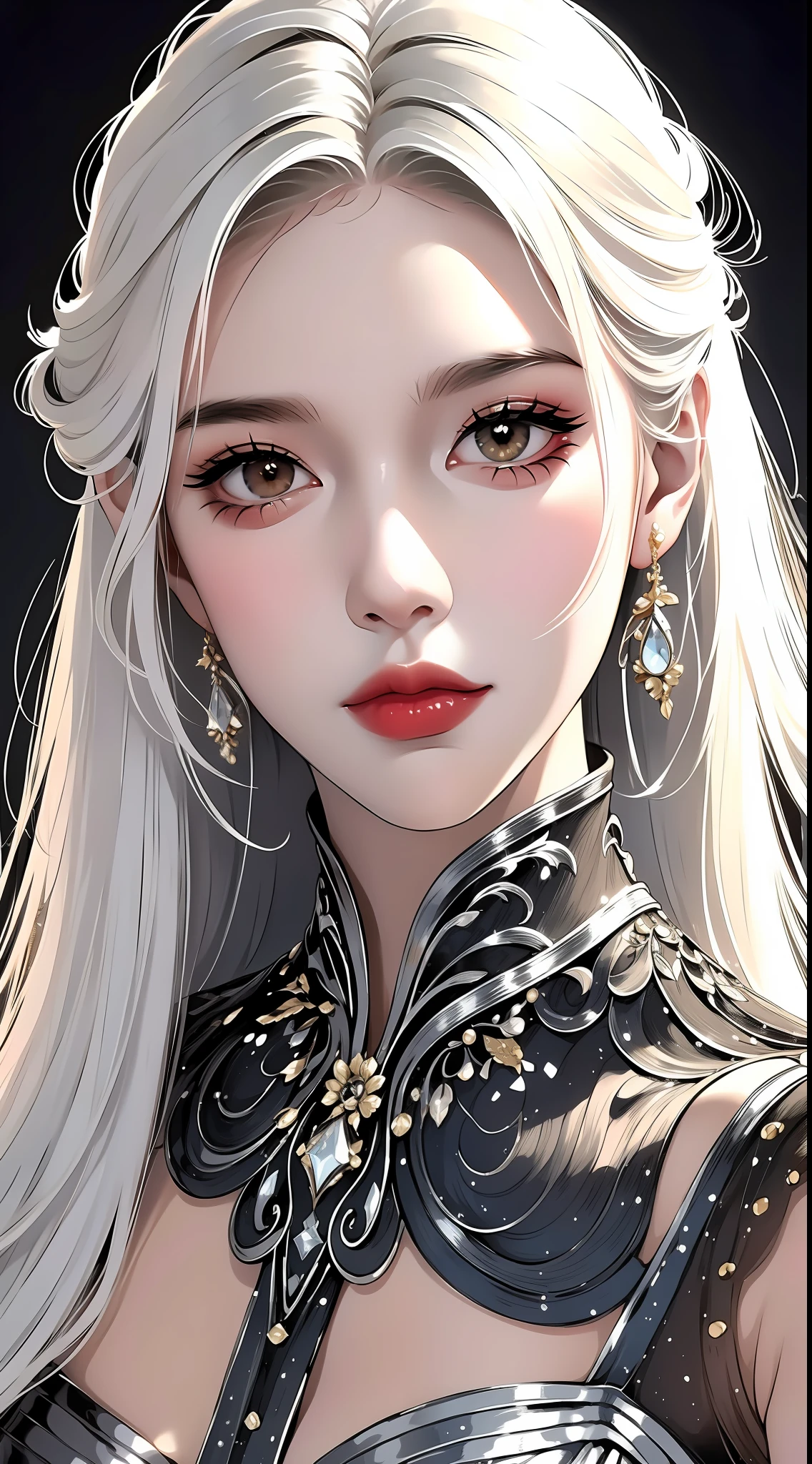 (light makeup) peerless beauty, broken silver dress, dreamy, gorgeous dress, detailed portrayal of facial features, real texture, black background