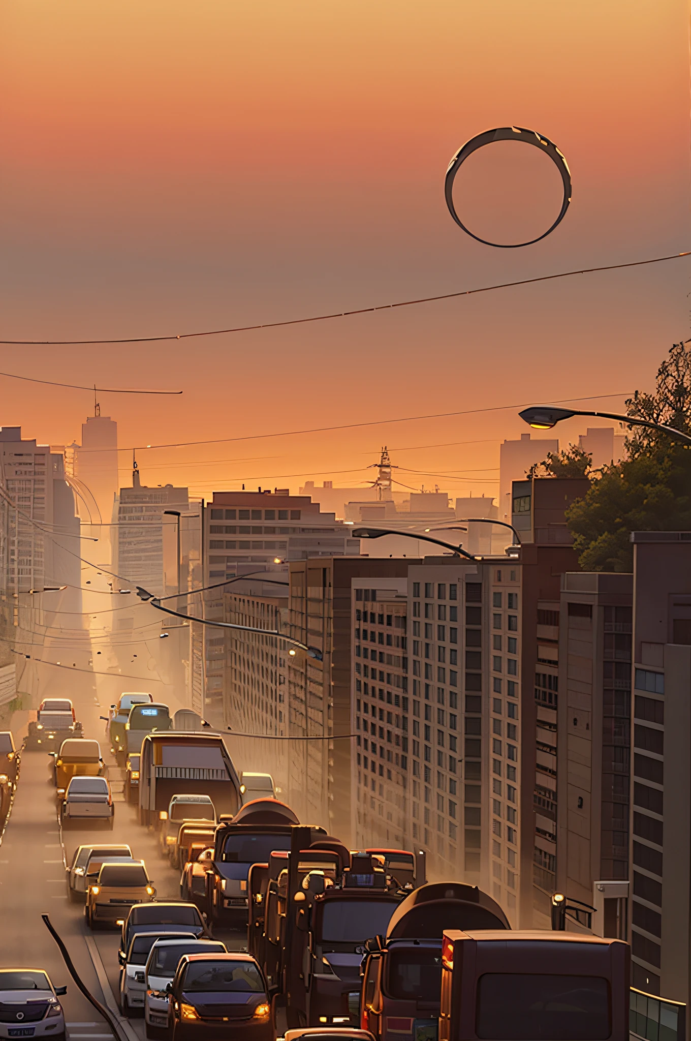 cars are driving down a busy street at sunset with a city in the background, city sunset, vista of a city at sunset, sun and shadow over a city, sunrise over solar punk city, warm sundown, in a sunset haze, industrial fires and smog, golden hour in beijing, suns, sunrise over solarpunk city, city morning, sweltering, 4 0 9 6