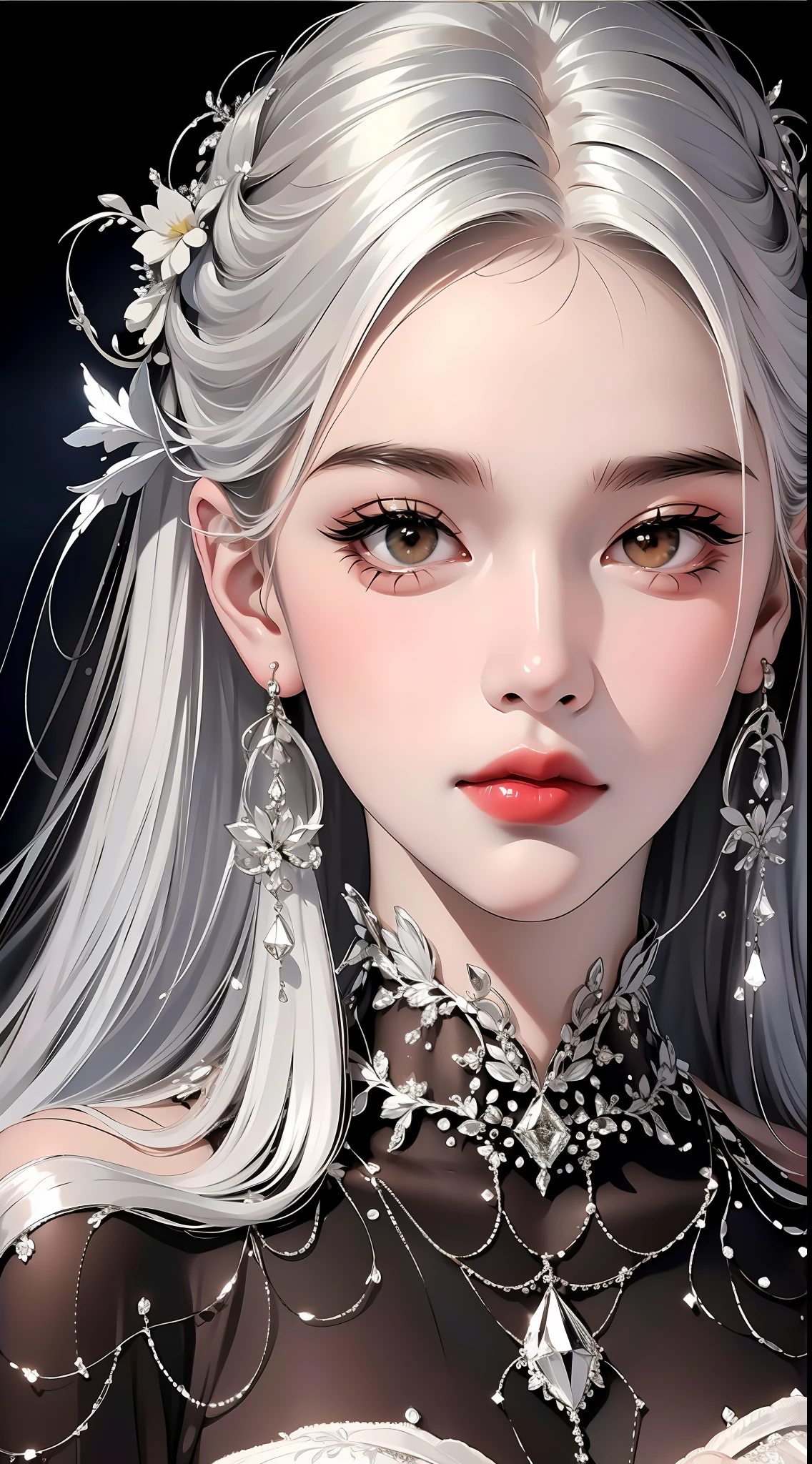 (light makeup) peerless beauty, broken silver dress, dreamy, gorgeous dress, detailed portrayal of facial features, real texture, black background