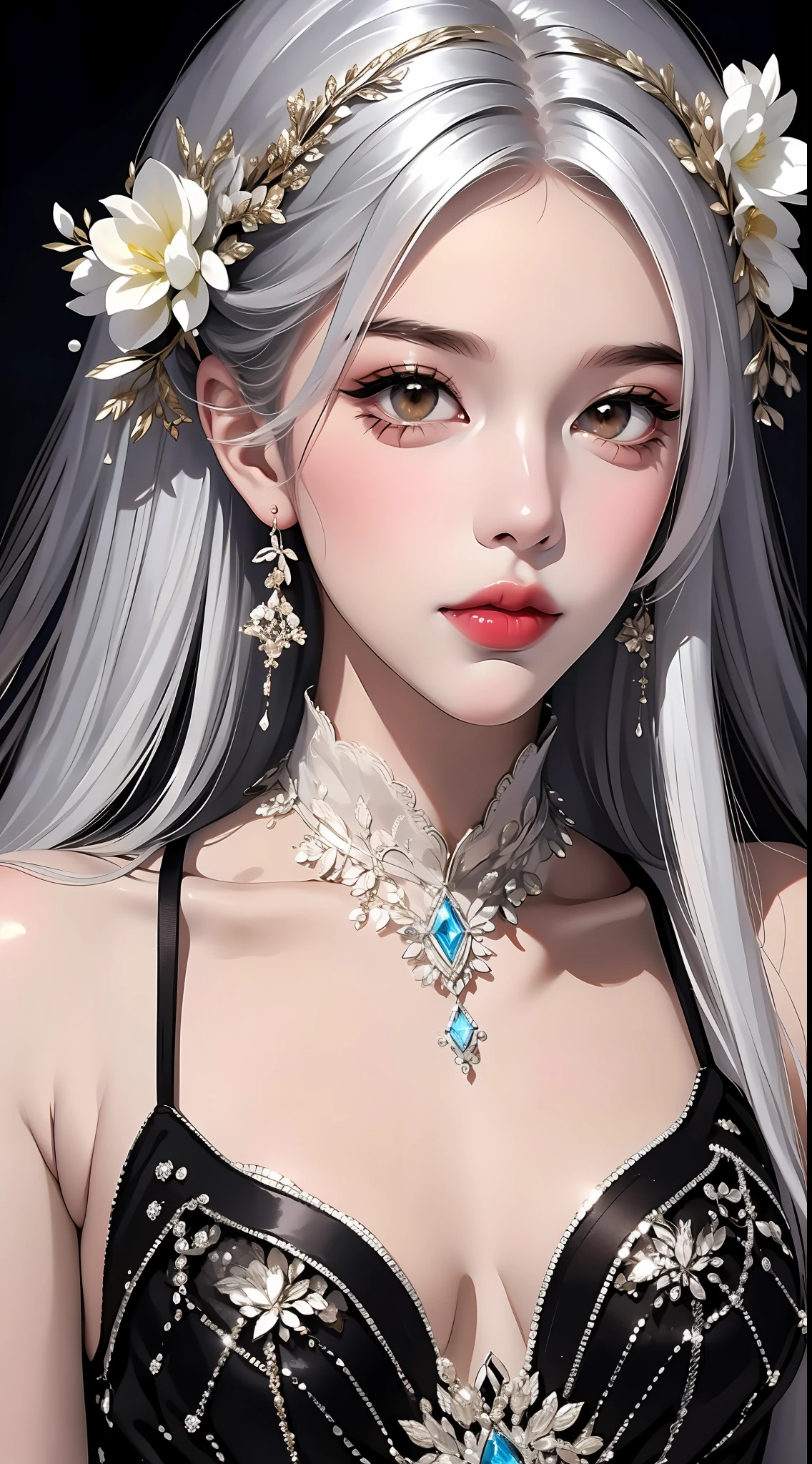 (light makeup) peerless beauty, broken silver dress, dreamy, gorgeous dress, detailed portrayal of facial features, real texture, black background