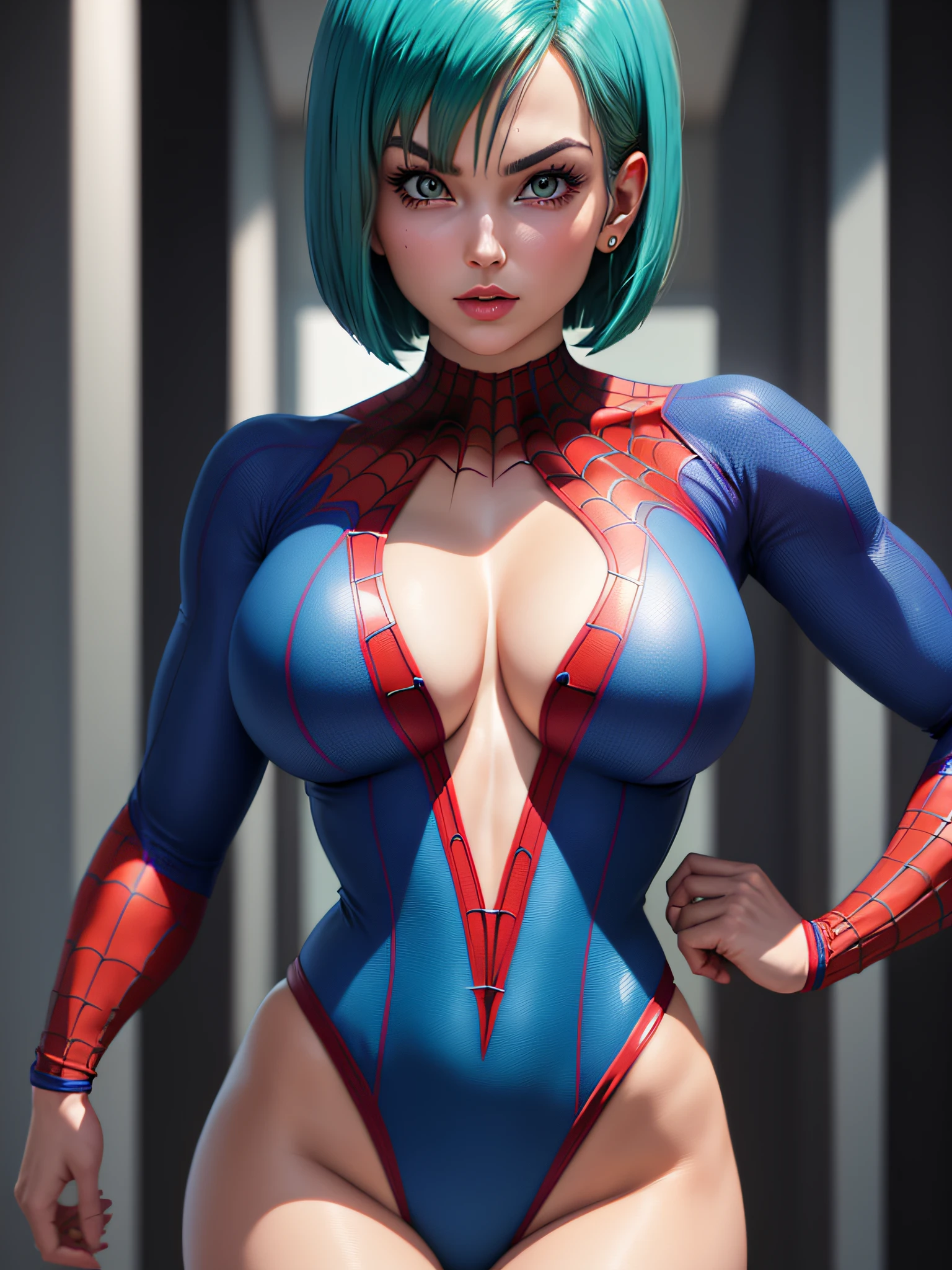 portrait closeup lone (buruma_brief_older Buruma_DBZ_Cell)1.4, (cleavage large_breasts, stylish bob haircut)1.2  (dressed as Spiderman), standing, front view, (high detailed skin:1.2)(realistic pupils,realistic iris:1), 8k uhd, aqua_hair