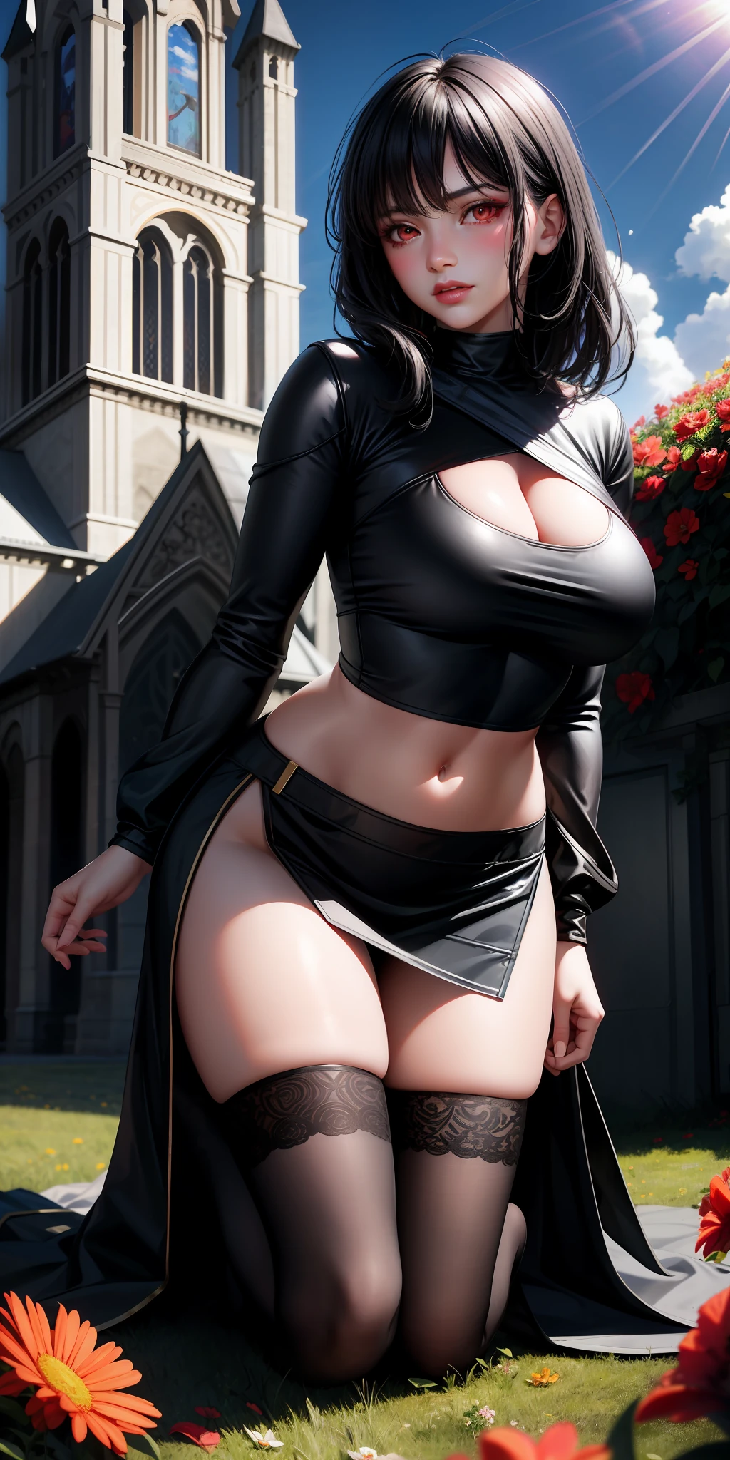 realistic, 1girl, black hair, red eyes, bright eyes, cropped top, skirt, lips half-open, blush, night, flowers, sun, sunlight, big breasts, ass, field, church, kneeling
