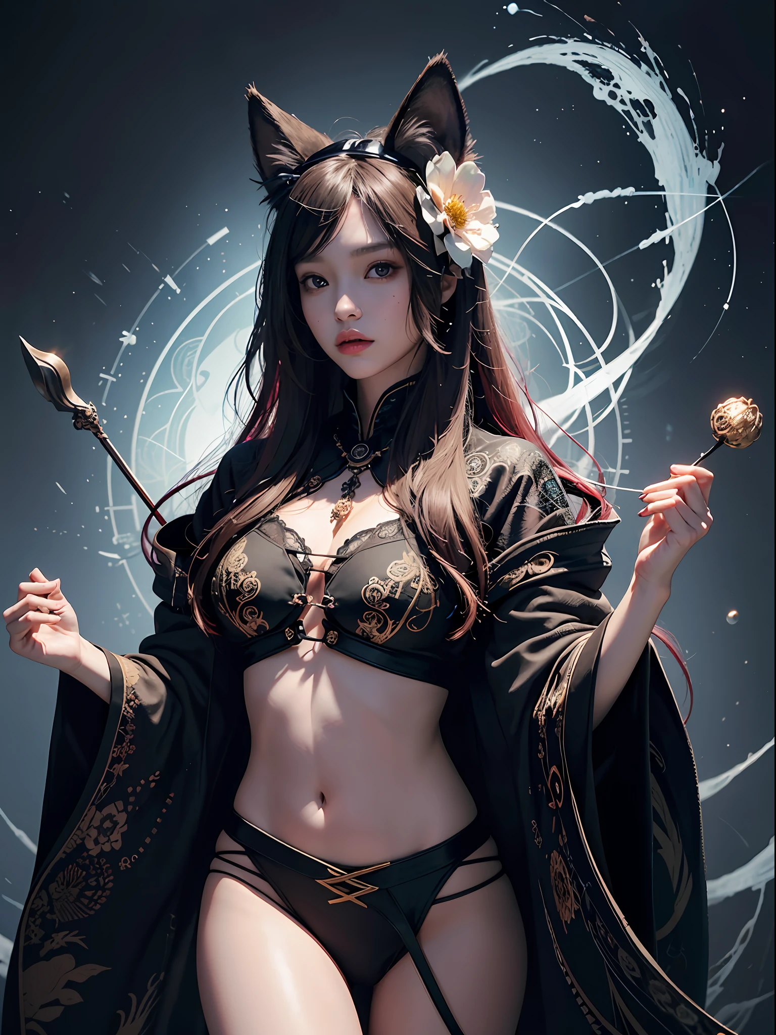 1girl, solo, official art, unified 8k wallpaper, ultra detail, beauty and aesthetics, masterpiece, best quality, realistic, (abstract background: 1.5) (zentangle, mandala, tangled, entanglement: 0.7) Kitsune witch, fox mask, haori jacket, foxfire spell, fox family, transformation, depth of field, Fantastical Atmosphere, the most beautiful forms of chaos, elegance, dark theme of brutalist design, flower of death, flower of ecstasy, cat ears,