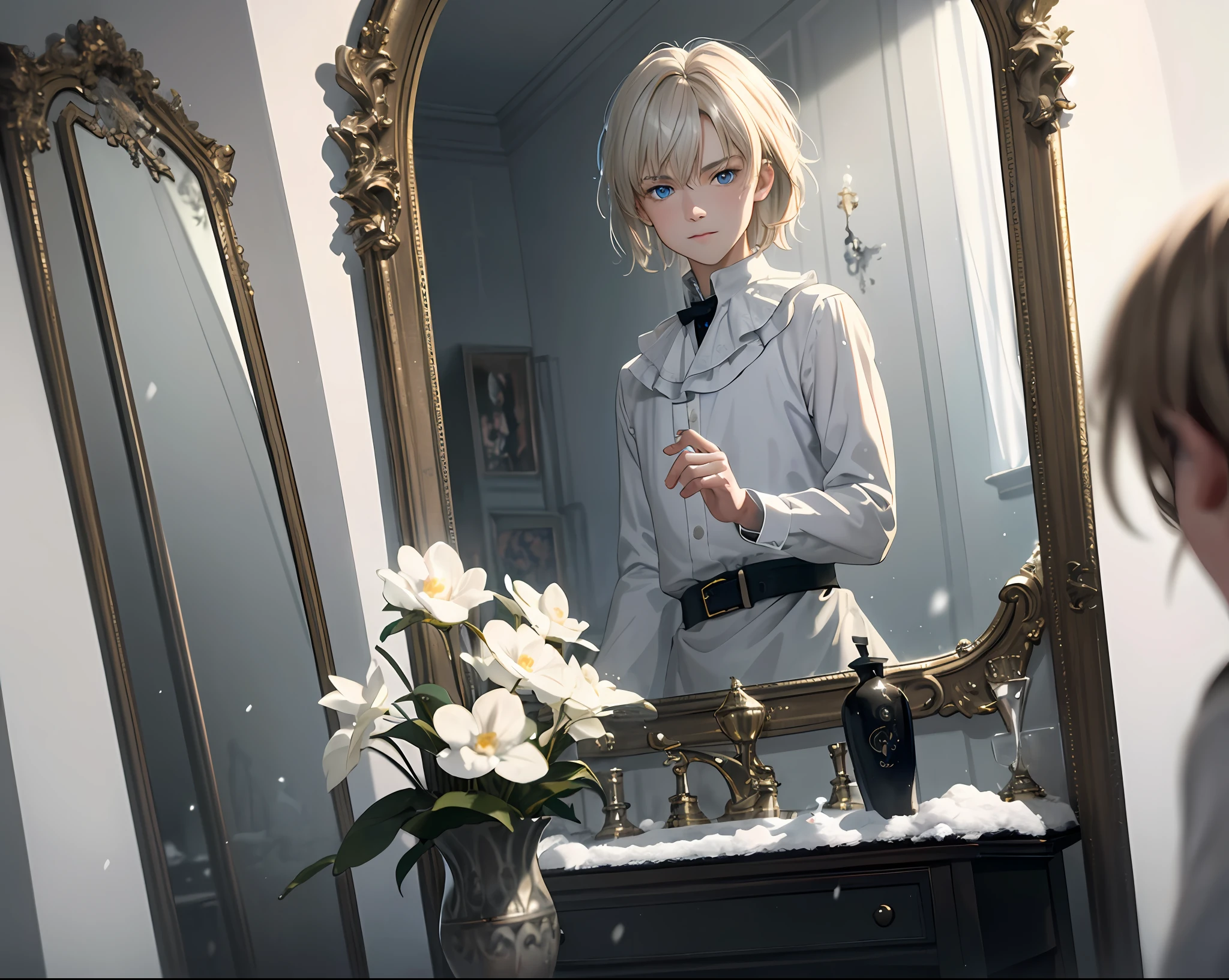 (Best Quality, Masterpiece), (Extremely Detailed CG Unity 8k Wallpaper, Masterpiece, Best Quality, Ultra Detailed), (British, Elegant) (High Cold Boy, High Angle, In front of the Mirror), (Blue Eyes, White Blonde Hair: 1.2), Delicate Facial Features, Pure Smile, (Floating Hair, Dynamic Pose), (Soft Light, Shallow Depth of Field), (American Style, Fantastic Atmosphere) Hesitant Medium Wide Angle Lens [Pig: Mick Jagger:5], Snow, Shallow Depth of Field, Movie Stills, Rustic core, circular polarizer