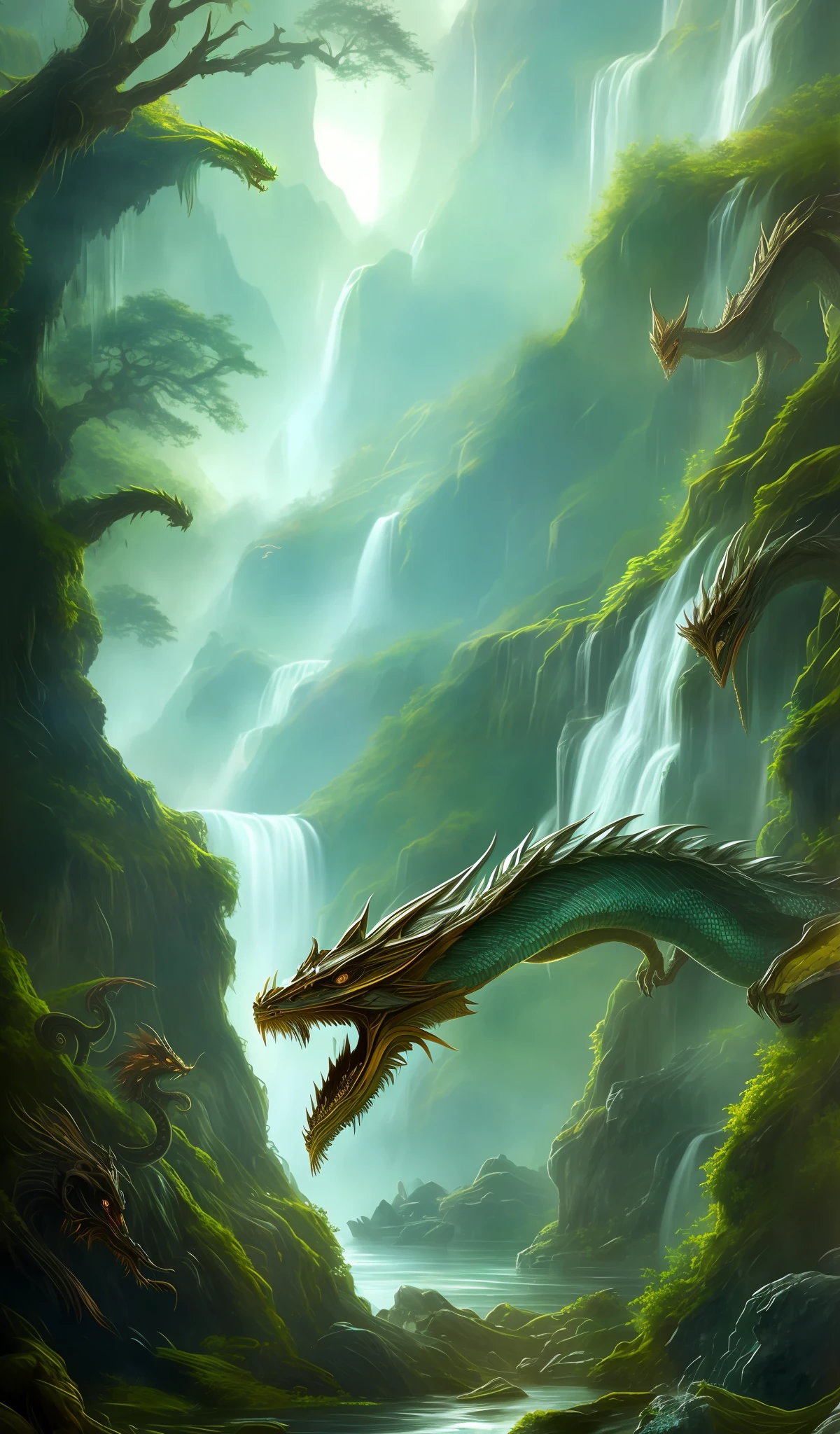 The dragon in the background of the waterfall has a delicate oil painting style, the scenes of swamps and forests are intertwined, and the dragon body integrates the concept of Yormungandel and the Chinese dragon, presenting a mysterious temperament like Quetzalcoatl God, the huge dragon forms the background, and the picture is highly detailed, creating an excellent effect of 4K picture quality.