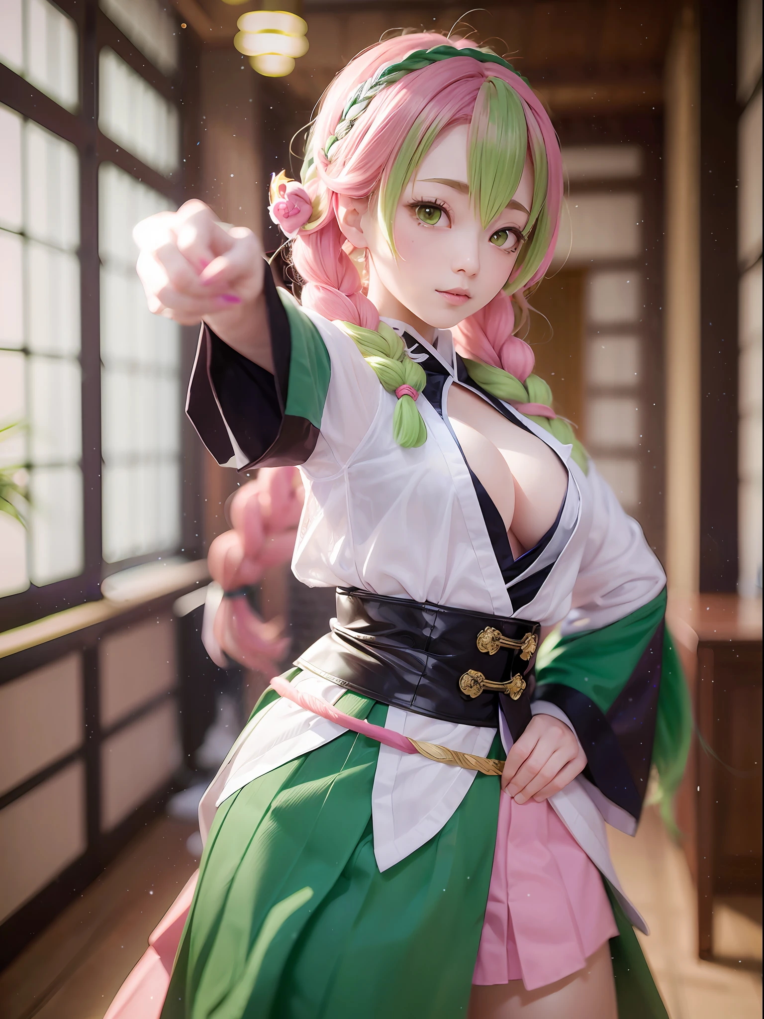 Mitsuri, Demon Slayer, Gradient Hair, greenhair, pinkhair, Braid, Lace Clothes, Idol Costume, Finger Pointing, Hands on Hips, Realistic, Live-Action, 3d, CG