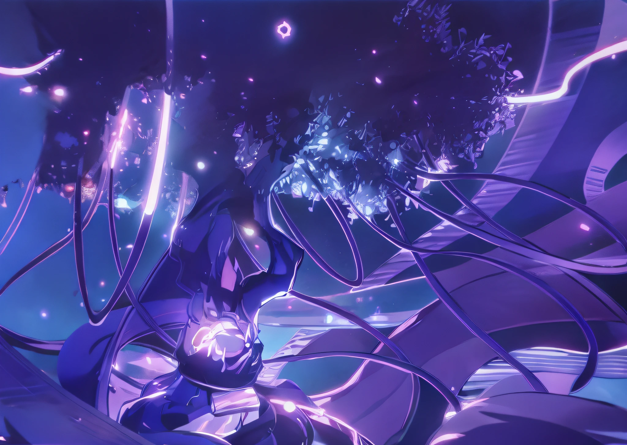 anime character with a blue hair and a purple outfit, official art, ufotable art style, anime wallaper, official artwork, fine details. anime. tentacles, official anime artwork, highschool background, extended art, high detailed official artwork, advanced digital anime art ”, full res, from overlord, background artwork, full color illustration, background art, the world tree --auto --s2