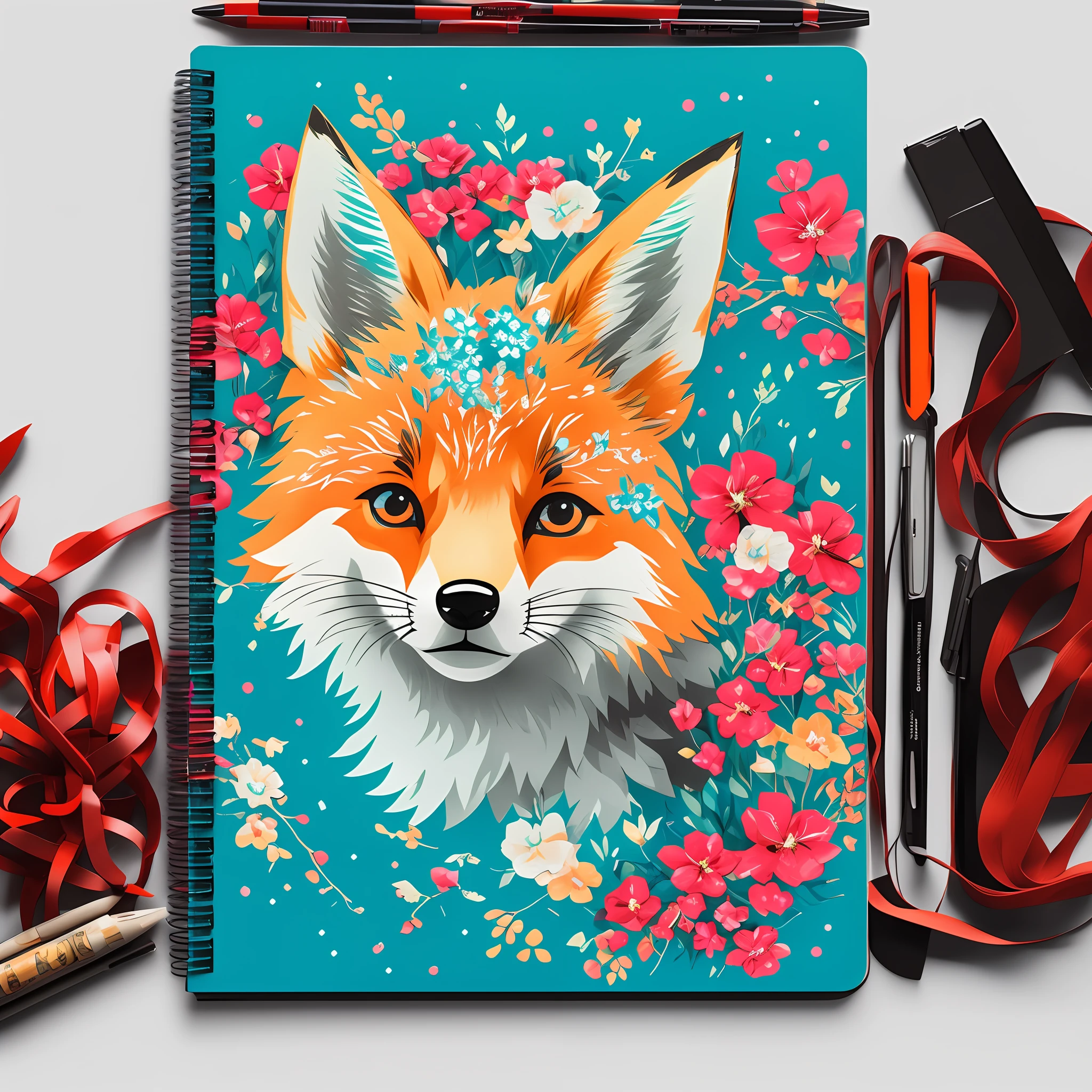 STICKER, Detailed illustration print of bright cute fox head, fantastic splash of colors, vintage t-shirt design, Studio Ghibli style, white and blue flora of pastel notebook colors, 3D vector graphics, cute and quirky, fantasy art, watercolor effect, bokeh, Adobe Illustrator, hand-drawn, digital painting, low-poly, soft lighting, bird's-eye view, isometric style, retro aesthetic, character-oriented, 4K resolution, photorealistic rendering, using Cinema 4D (black and red coat) --auto --s2