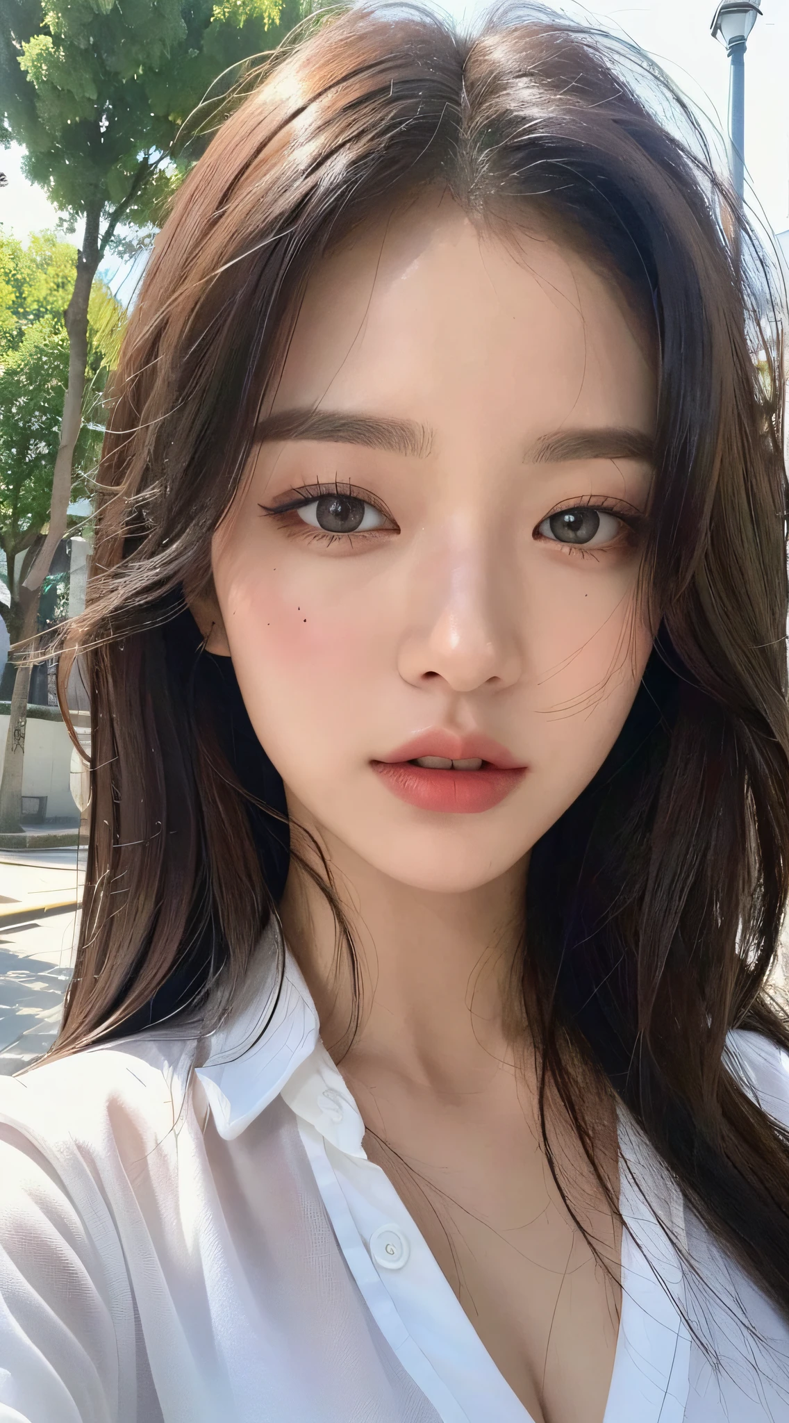 ((Best Quality, 8K, Masterpiece: 1.3)), Sharp: 1.2, Perfect Body Beauty: 1.4, Slim Abs: 1.2, ((Layered Hairstyle, Big Breasts: 1.2)), (Wet White Button Long Shirt: 1.1), (Rain, Street: 1.2), Wet: 1.5, Highly detailed face and skin texture, detailed eyes, double eyelids, side face looking at the camera