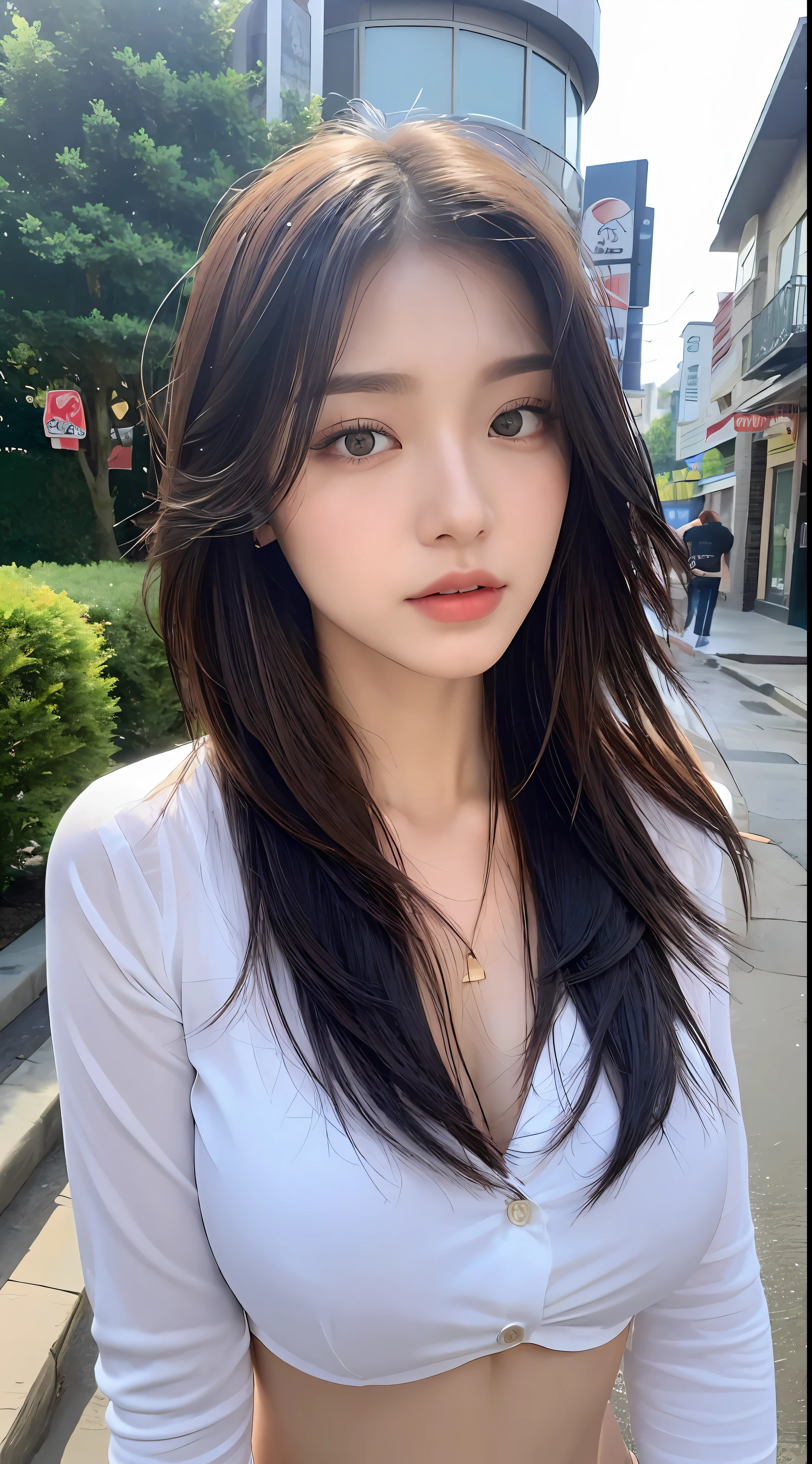 ((Best Quality, 8K, Masterpiece: 1.3)), Sharp: 1.2, Perfect Body Beauty: 1.4, Slim Abs: 1.2, ((Layered Hairstyle, Big Breasts: 1.2)), (Wet White Button Long Shirt: 1.1), (Rain, Street: 1.2), Wet: 1.5, Highly detailed face and skin texture, detailed eyes, double eyelids, side face looking at the camera