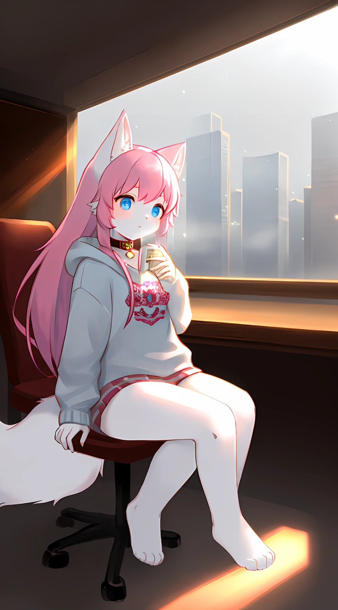 Snow fox (i), long pink hair, fur body, full body, headphones (white, hanging around the neck), pink fox, UWU, light (mild cool tones), glowing (light), 2 ears 1 tail, masterpiece, name (snow), girl (young), white sweatshirt, time and space, furry body and soft, collar (stars), furry tail, character (snow fox), 8K, long pink hair, winter (foggy), fog (off-white), thick fog, rain, feel (pleasant), collar,  coffee, girl, young girl, 10 years, succubus, 45% succubus tattoo, summer, drinking coffee, sitting at desk watching the rain outside the window, no sunlight, in the city, high-rise buildings, heavy rain, hue Klein blue