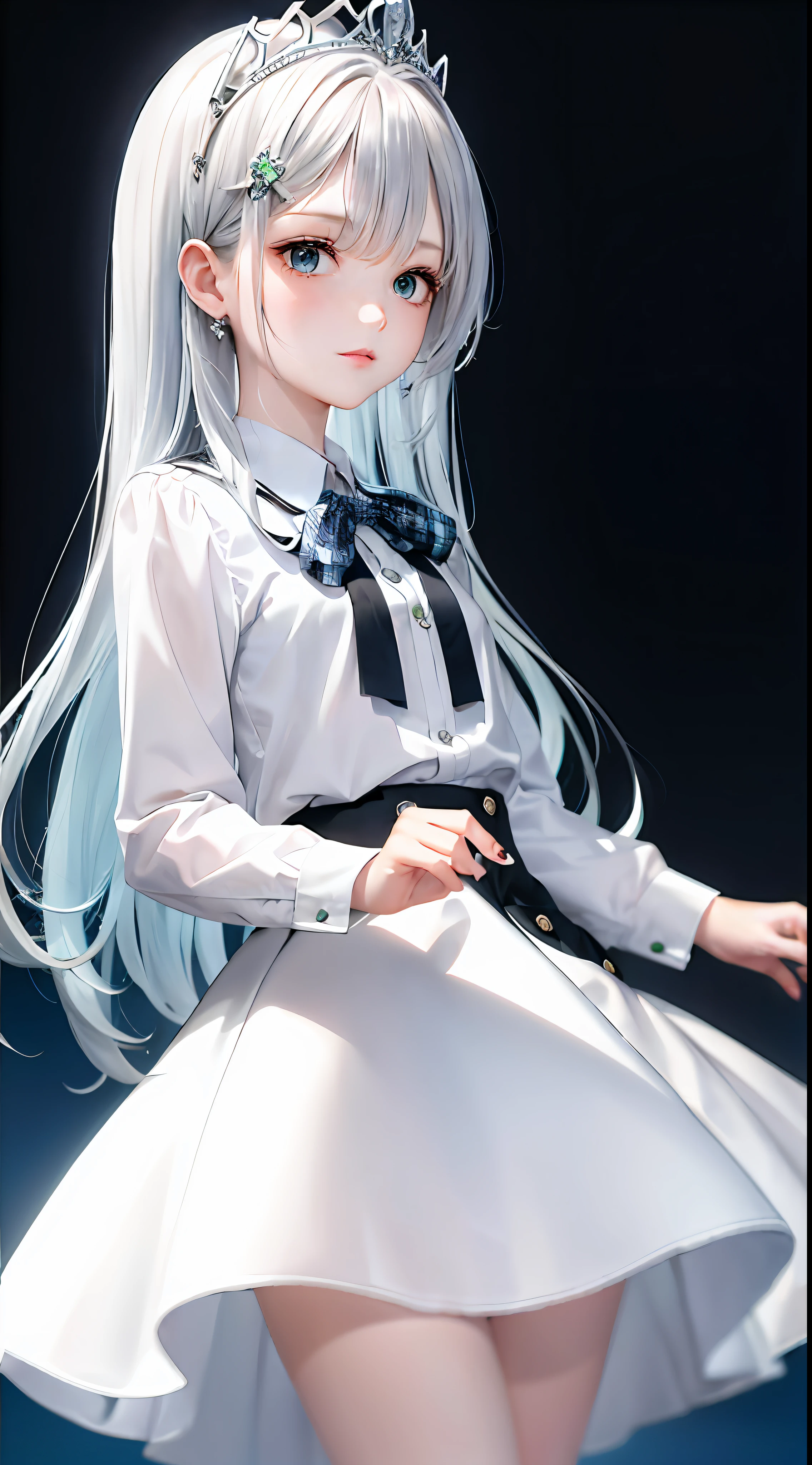 1girl, (masterpiece:1.1), (best quality:1.1), (white blouse:1.1), (checkered skirt:1.1), school uniform, high-waist skirt, BREAK [blue:pink:0.5] theme, (gradient background:1.1), cowboy shot, BREAK silver hair, long hair, , green eyes, intricate detailed tiara, looking to the side,
