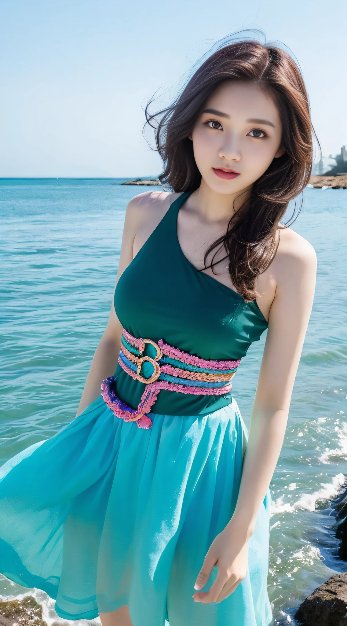 1girl,Beautiful,Magic Style,best quality,masterpiece,(rainbow-candy:0.8),(Half-body:1.3),Ocean,Cool Tone,low saturation,