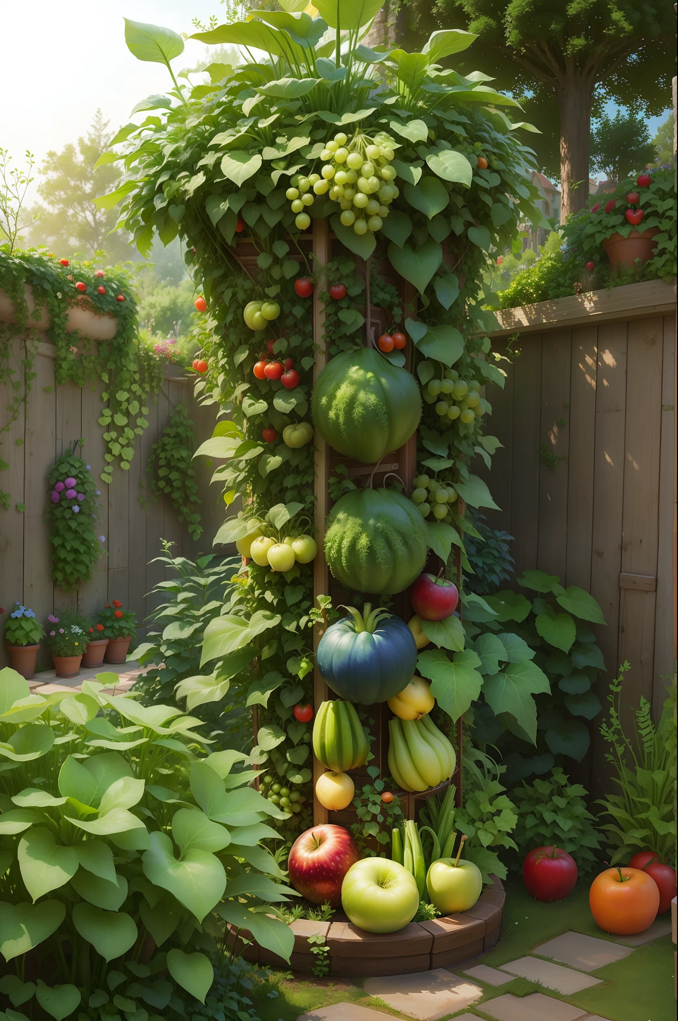 there is a large tower of fruits and vegetables in the garden, vertical vegetable gardens, garden with fruits on trees, fruit trees, with fruit trees, unusual composition, manicured garden of eden, permaculture, beautifully composed, lush garden spaceship, lush gardens hanging, vertical gardens, elaborate ornate growth, abundant fruition seeds, garden at home, backyard garden, full growth