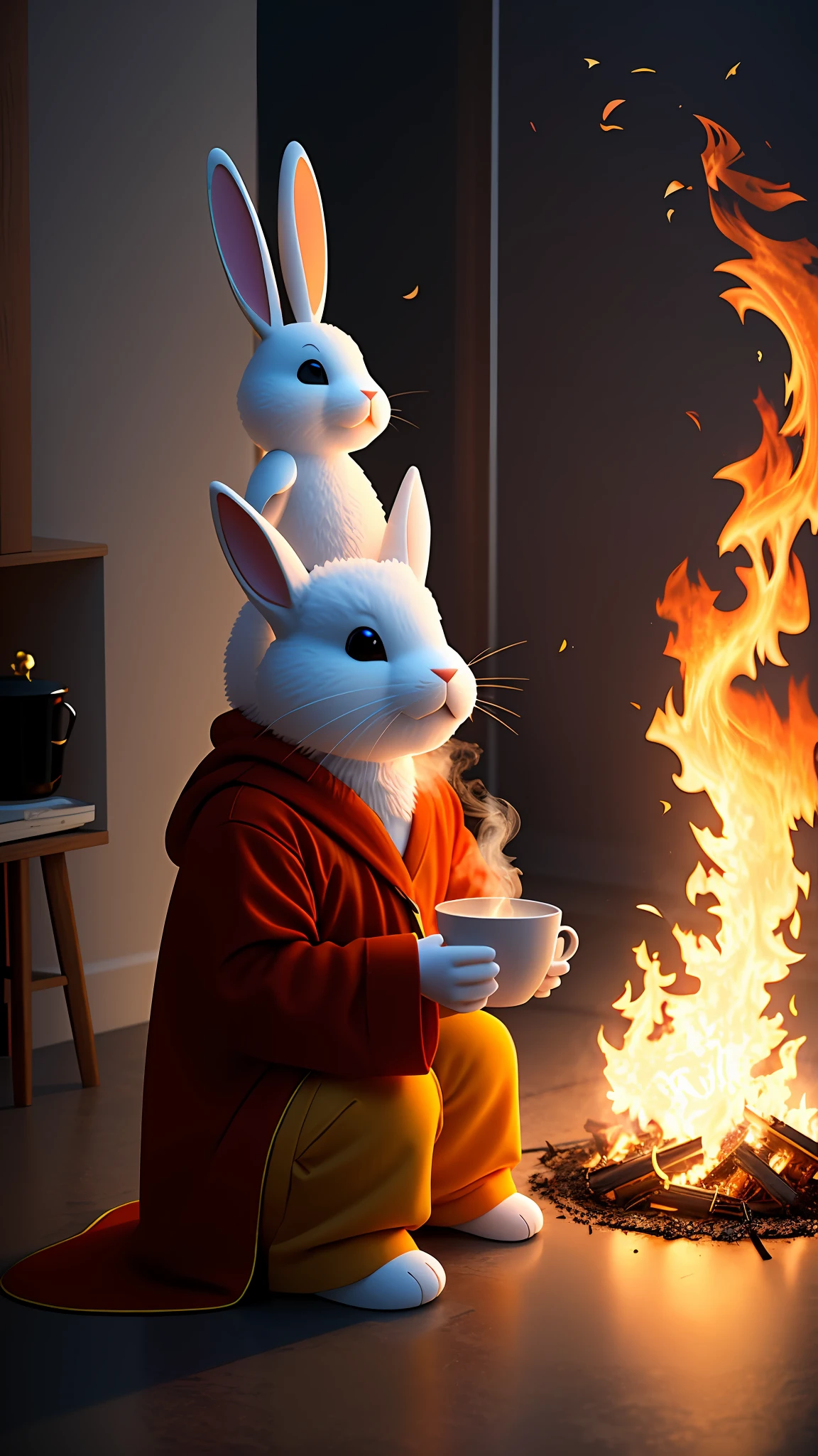 (Best quality: 1.23), (Masterpiece: 1.12), (Realistic: 1.24), (Anthropomorphic rabbit: 1.5) holding a coffee cup, sitting, wearing a robe, eating breakfast, holding a coffee cup, hat, particles, volumetric light, the room burned, the floor and chairs caught fire, many gadgets and equipment caught fire, smoked, (surrounding flames: 1.2),