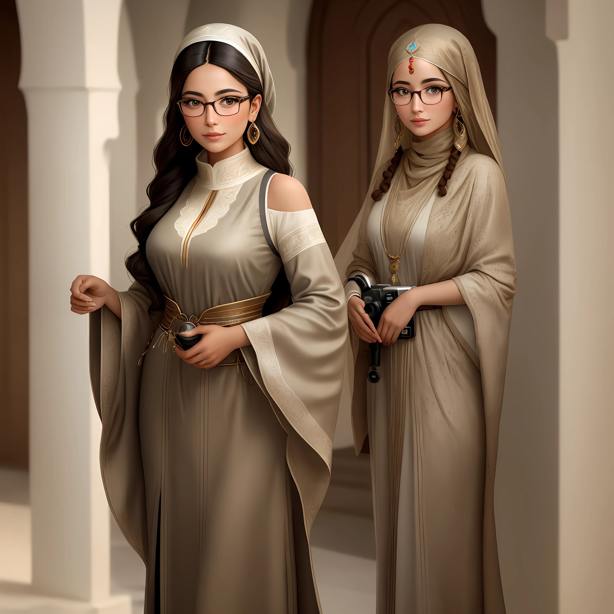 A stunning 28-year-old Moroccan woman with eyeglasses.
Composition: Focus on the upper body, showing the woman from the waist up.
Style: Hyper-realistic portrait photography.
Lighting: Soft, diffused lighting with gentle shadows to enhance facial features.
Environment: A minimalist studio setting with a plain background.
Mood: Confident and approachable.
Pose: The woman is standing straight, shoulders relaxed, and looking directly at the camera.
Attire: Stylish and elegant clothing that reflects Moroccan culture.
Accessories: The eyeglasses should be trendy and complement the woman's face.
Hair: Long, flowing hair with natural waves.
Makeup: Subtle and enhancing, highlighting the woman's natural beauty.
Camera Setup:

Camera: High-resolution DSLR camera.
Lens: 85mm portrait lens to capture fine details and create a shallow depth of field.
Aperture: Wide open, around f/2.8, to create a beautiful bokeh effect and draw attention to the woman's face.
Shutter Speed: Adjust according to the lighting conditions for optimal exposure.
ISO: Set to the lowest possible value for minimal noise and maximum image quality.
Tripod: Use a sturdy tripod to ensure sharpness and stability.
Post-Processing:
Retouching: Enhance skin tones and details while maintaining a natural look.
Color Grading: Opt for warm tones to complement the woman's complexion and the overall atmosphere.
Sharpening: Apply selective sharpening techniques to bring out fine details, particularly in the eyes and eyeglasses.