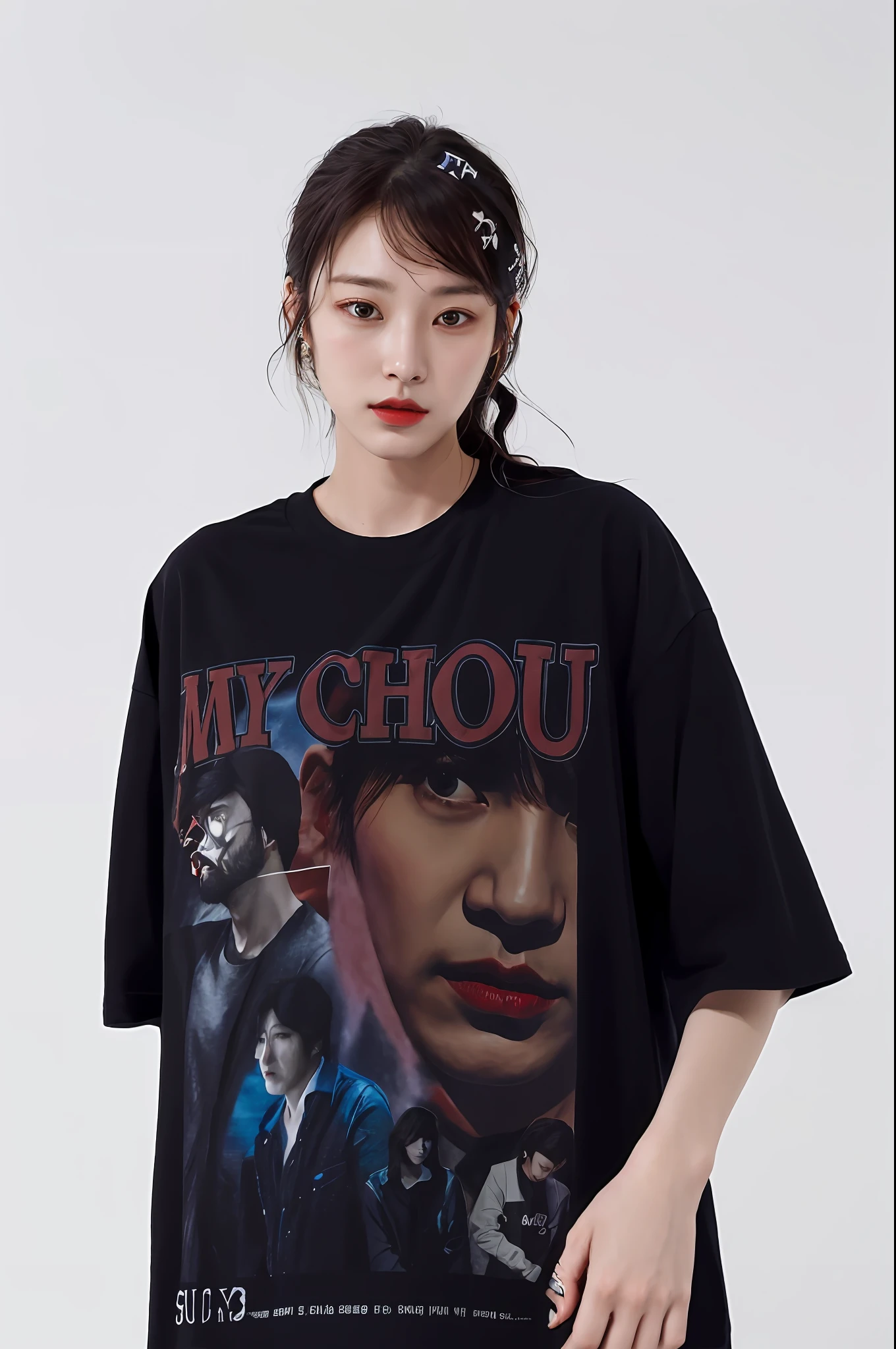 a woman wearing a black shirt with a picture of a man on it, jinyoung shin, kim hyun joo, jiyun chae, jisu choe, ji-min, sun yunjoo, official product image, t-top, jpop clothing, jinyiwei, yee chong, lu ji, heonhwa choe, medium close-up shot