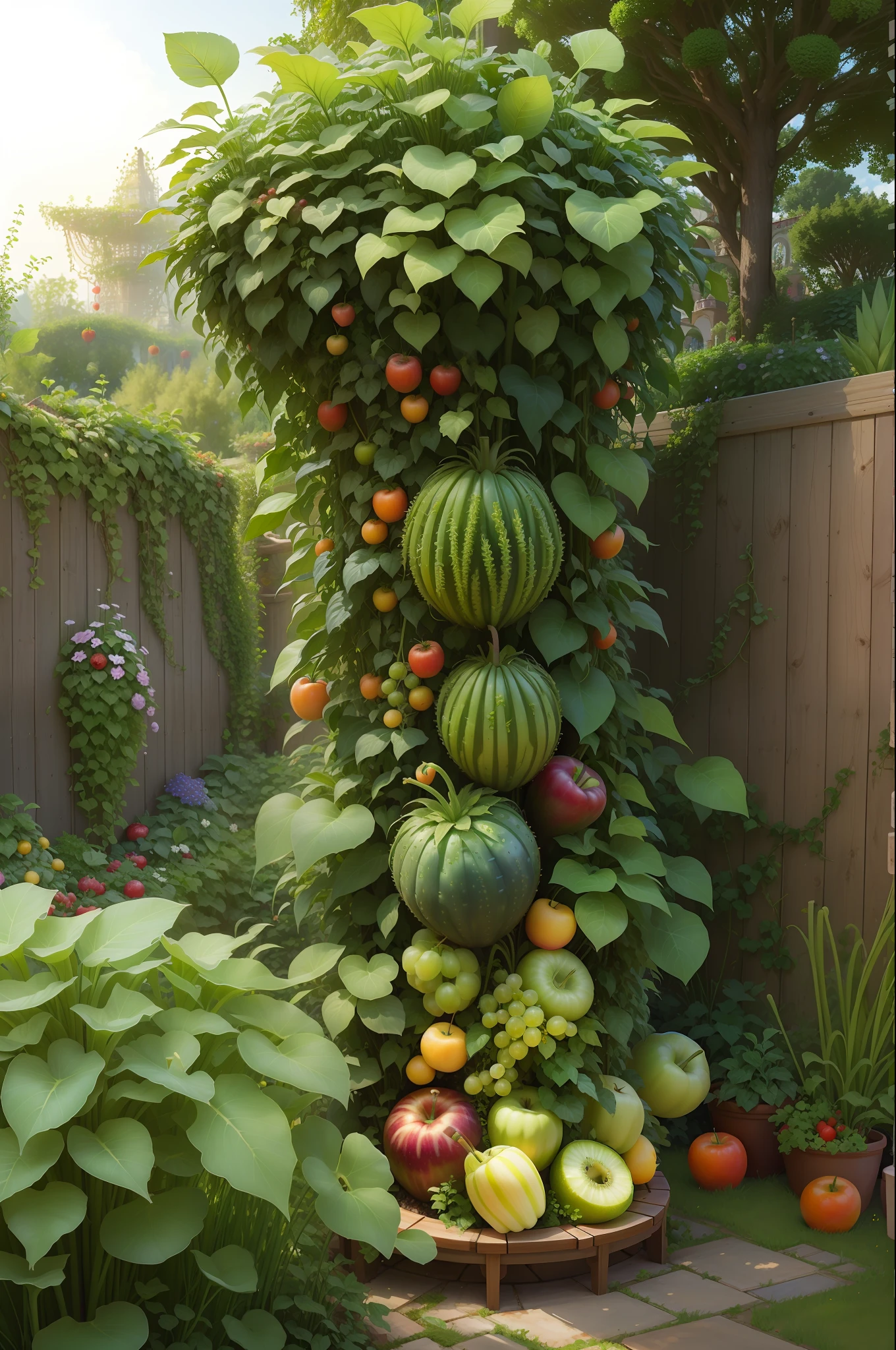 there is a large tower of fruits and vegetables in the garden, vertical vegetable gardens, garden with fruits on trees, fruit trees, with fruit trees, unusual composition, manicured garden of eden, permaculture, beautifully composed, lush garden spaceship, lush gardens hanging, vertical gardens, elaborate ornate growth, abundant fruition seeds, garden at home, backyard garden, full growth