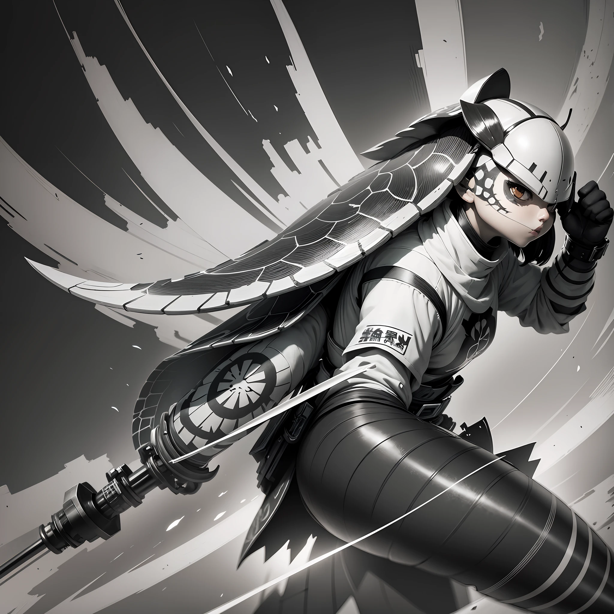 Line style, battle damage wind, turtle back sword, scan, black and white, sketch, light and shadow, projection, cute --auto --s2