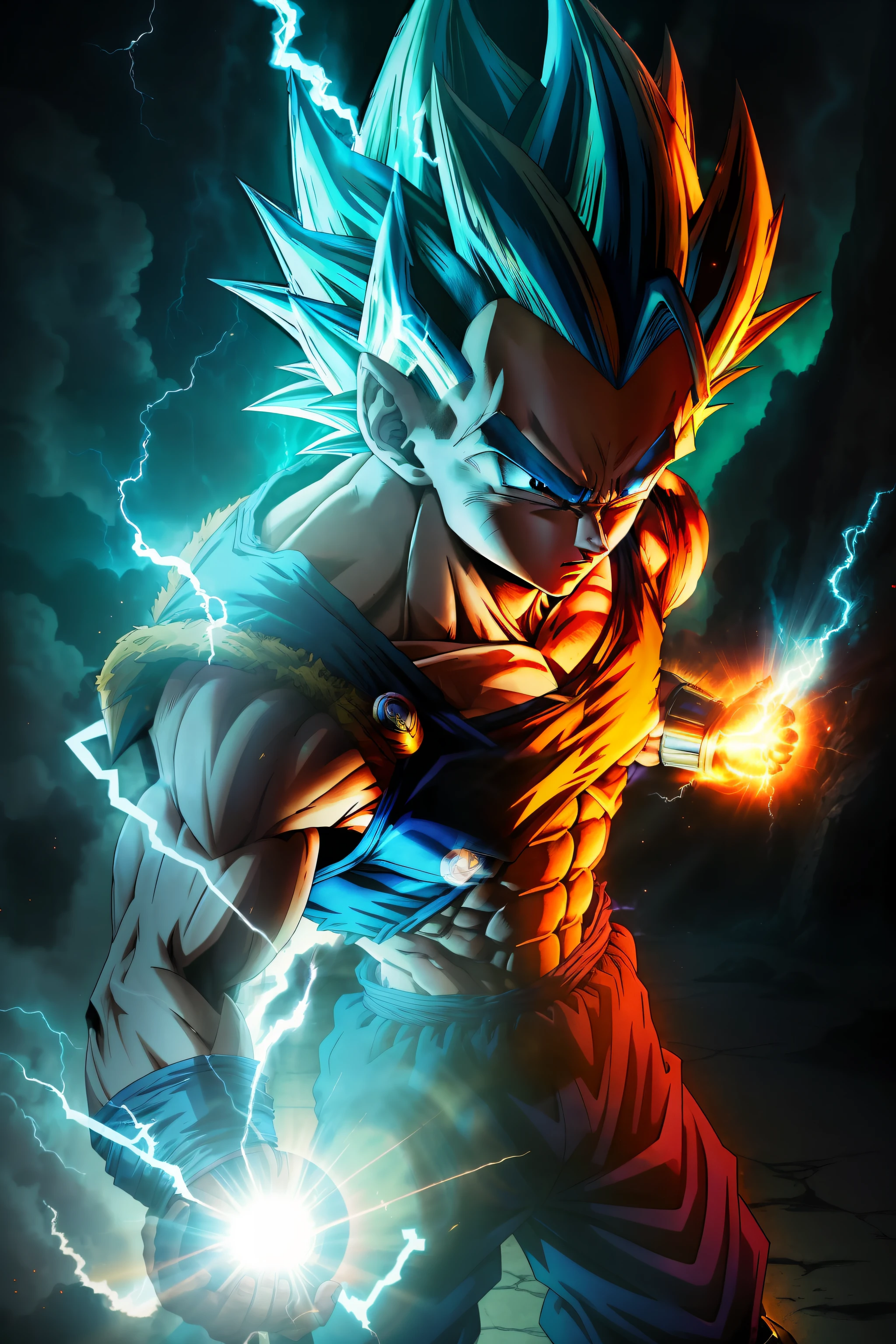 masterpiece, best quality, Vegeta super Saiyan blue, blue hair Blue Lightning Point one's finger at oneself