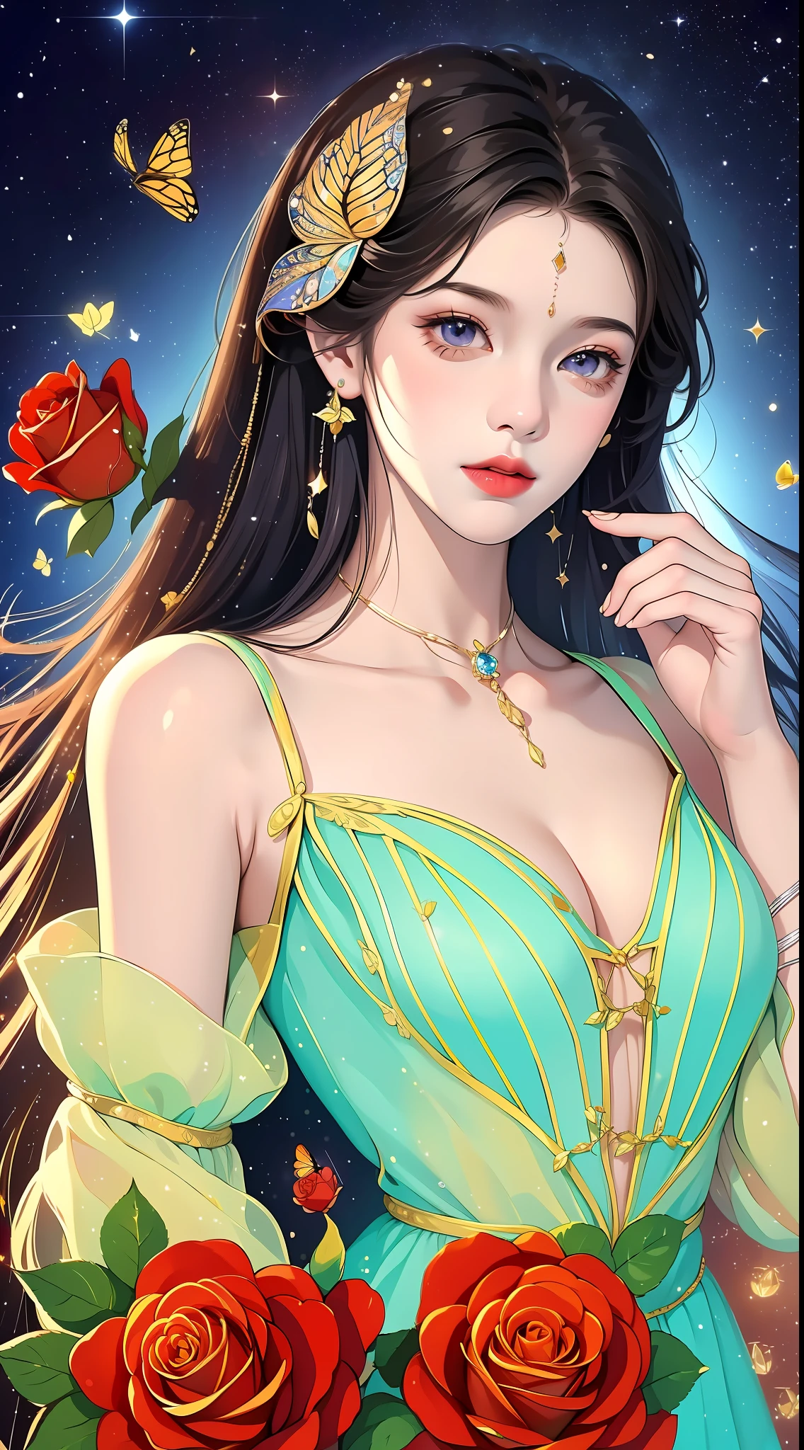 (Masterpiece, top quality, best quality, official art, beauty and aesthetics: 1.2), girl) extremely detailed) Full body: 0.5) Fractal art: 0.8) Colorful, highest detailed, beautiful woman, delicate facial features (rose: 0.7) rose: perfect facial features, perfect fingers, (jewelry: 0.5), (butterfly: 0.3), bright, shine, shine shining stars, (Rich color: 0.6), shiny eyes, sideways, semi-sideways, conservative, close-up fireflies fireflies, summer nights and summer nights, sense of atmosphere, gorgeous and complicated dresses, roses, garden, red flowers, red, sense of atmosphere