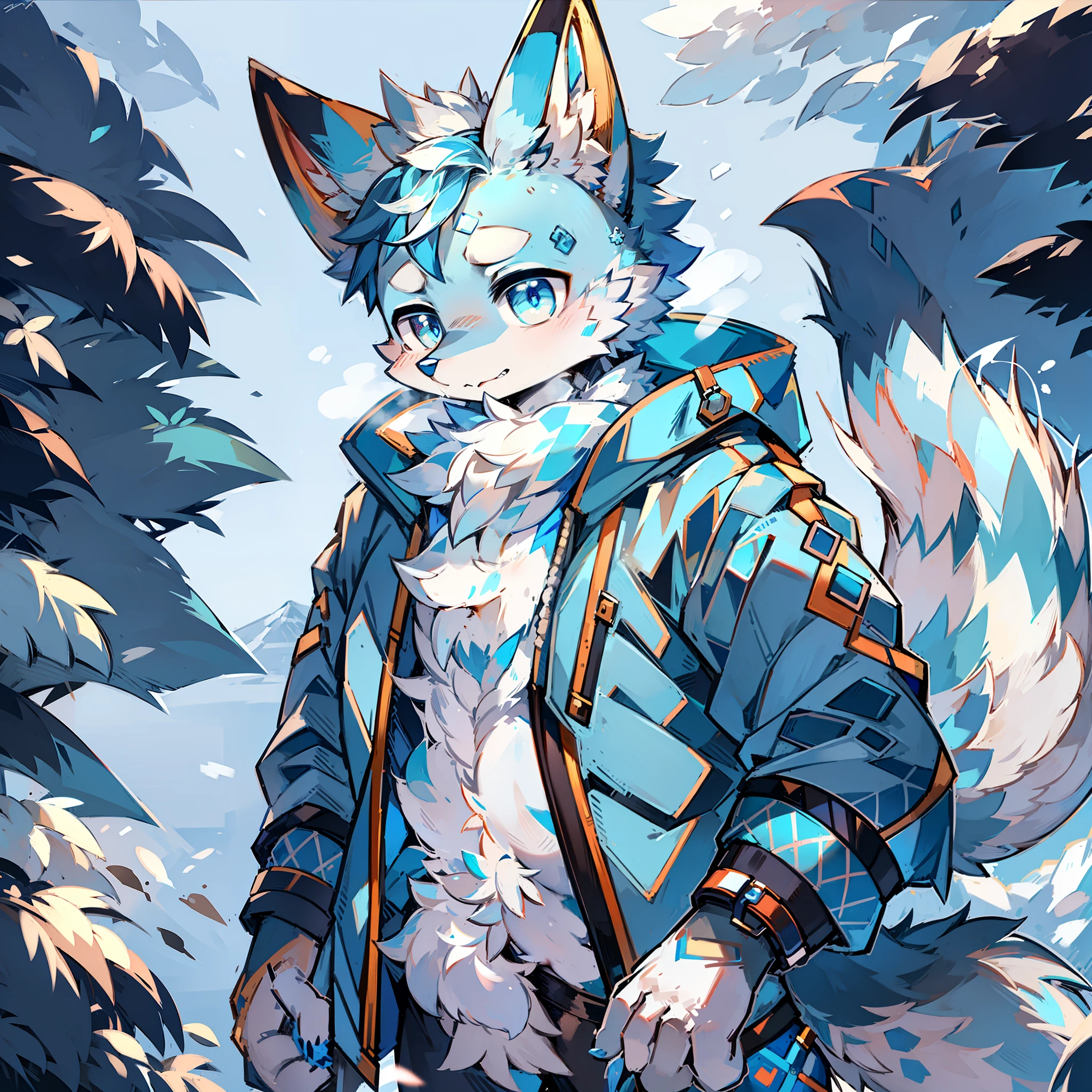 Furry male two blue white pattern fox bright pupils big tail standing wearing blue cotton jacket snow mountain snow