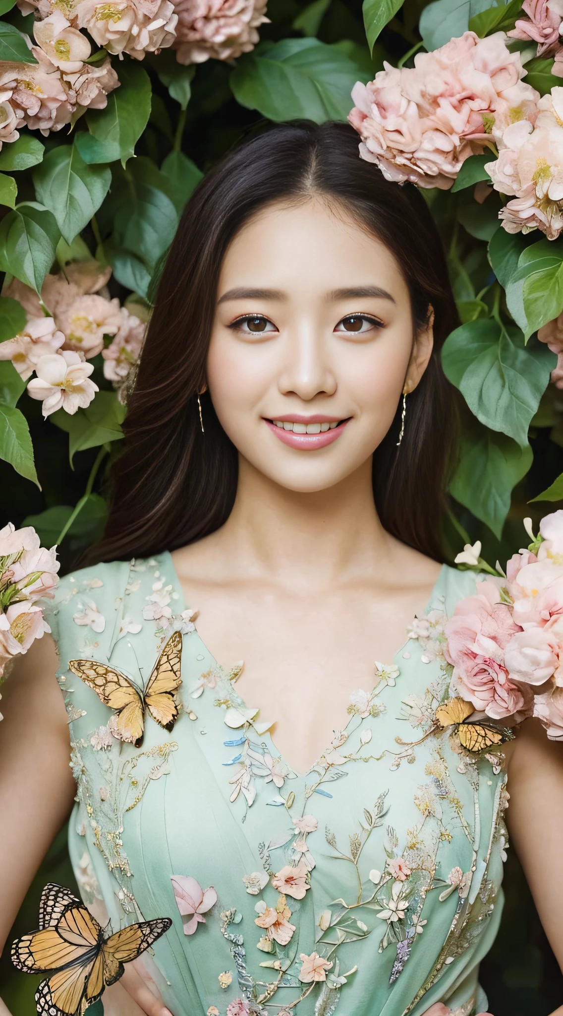 A botanical masterpiece in the style of Marco Mazzoni, detailed, hyper-realistic, elemets of symbolism and surrealism, intricate design, insanely beautiful woman, flowers, birds, diamonds, butterflies, pastel, golden details, looking at the viewer, looking straight to the camera, mysteriously smiling.