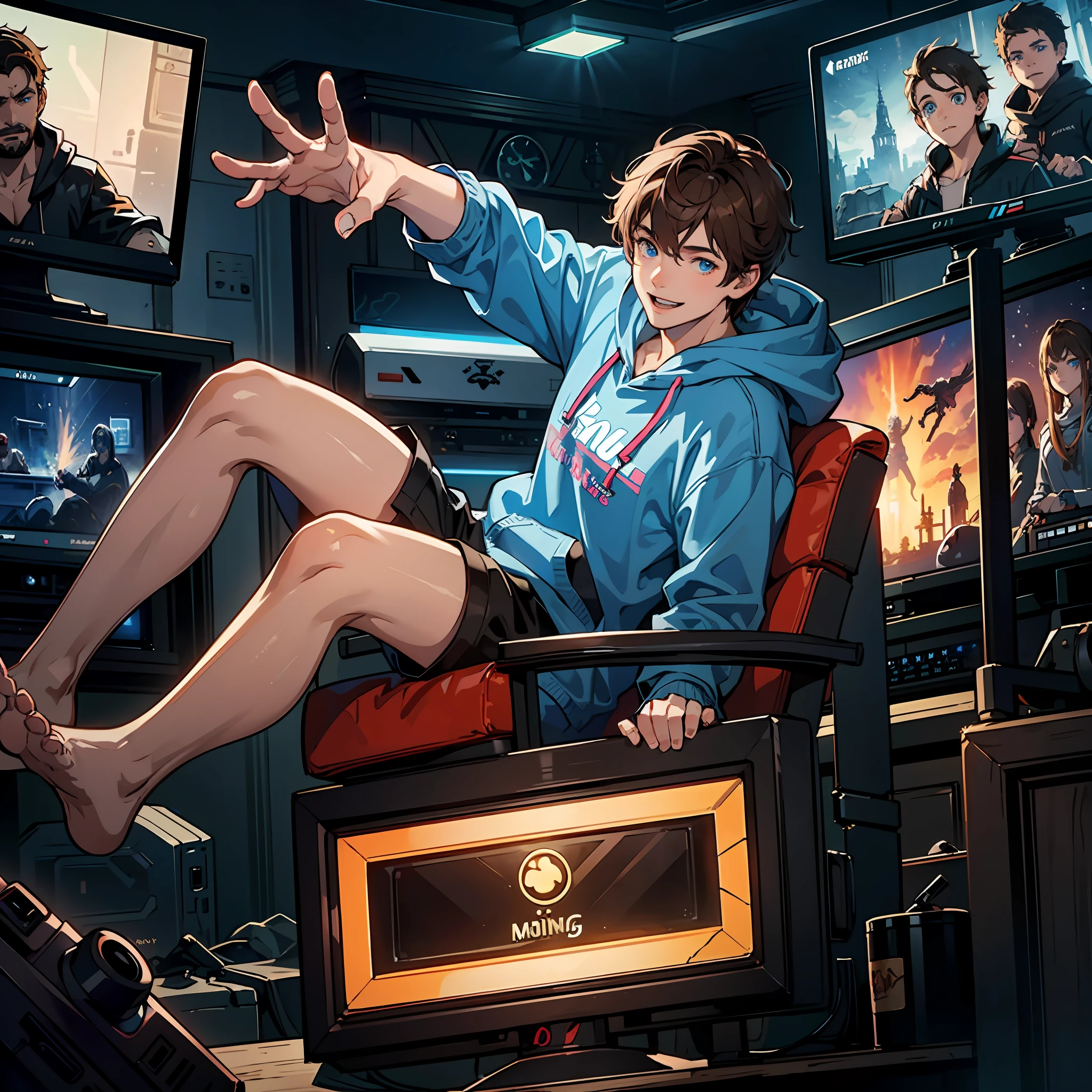 masterpiece, best quality, full body, 1male, teen, (Brown Hair)((Blue eyes)), hyper realistic art of a boy, broken old tv, mystical, hoodie, smile, looking at desktop, playing online game, post apocalypse, glowing eyes, ((Gaming room))dark, hyper realistic, interesting