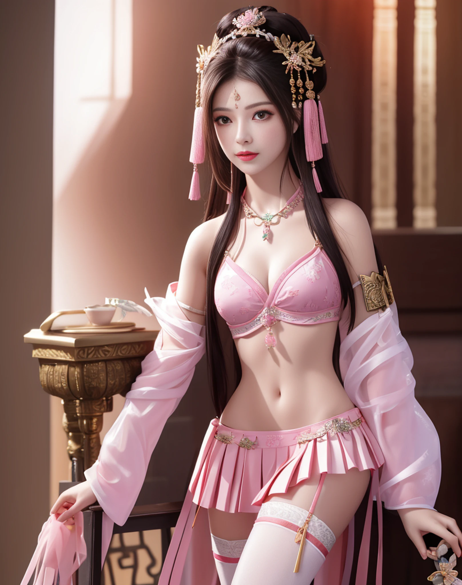 best quality, masterpiece, high resolution, 1girl, battlefield background pink ancient chinese bikini, metal collar, ancient sword, hair ornament, necklace, jewelry, beautiful face, small head,upon_body, tyndall effect, realistic, edge lighting, duotone lighting, (high detail skin: 1.2), masterpiece: 1.3, 8k ultra hd, fine eyes, double eyelids, digital dlr camera, soft lighting, high quality, volumetric lighting, frank, photos, high resolution, 4k, 8k, bokeh, Pink bikini, ancient sword, glowing , chest embroidery, metal breastplate, skinny, exposed belly, weapon, short bracers, stockings, lace, riding horse, beauty in perfect shape