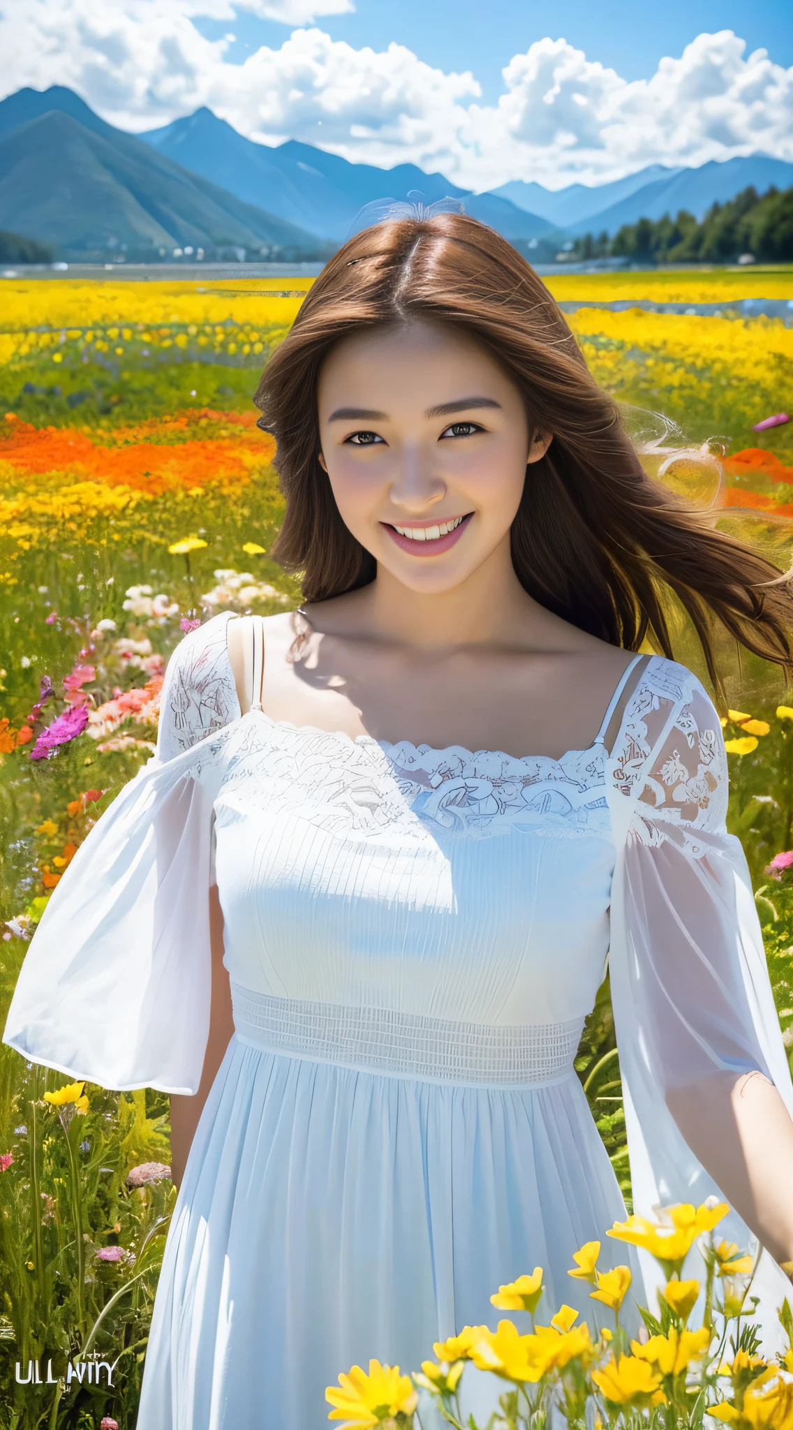 1 Girl, Dynamic Angle, Clouds and Mountains, (Flower Field: 1.4) in the foreground, White dress, Light tracing, (Floating Colorful Wind: 1) (Realistic: 1.4), Official Art, Unity 8k wallpaper, Ultra detailed, Beautiful and beautiful, Masterpiece, Best Quality, Glow Skin, Movie Lighting, Light Smile