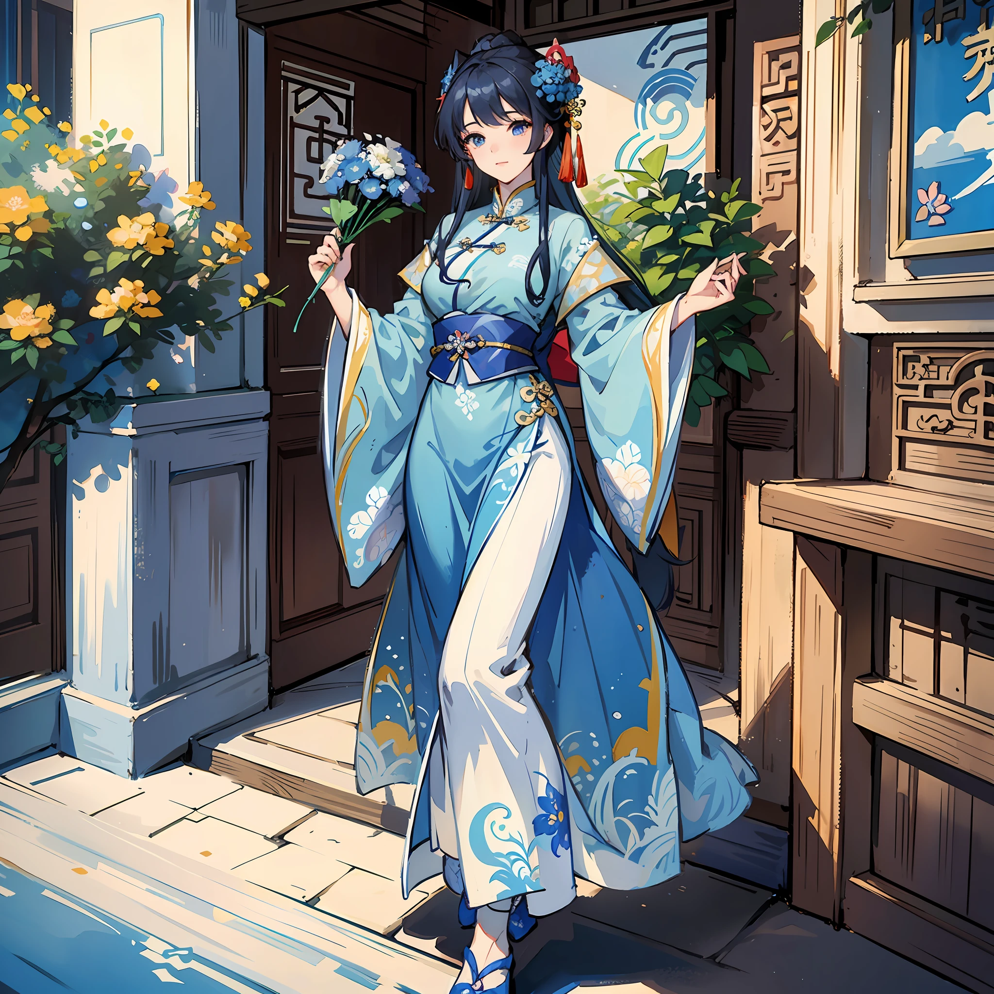 Close-up of a woman in a blue dress holding flowers, palace, girl in Hanfu, beautiful character painting, Guvizi, Chinese girl, walking on Chang'an Avenue in ancient China --auto --s2