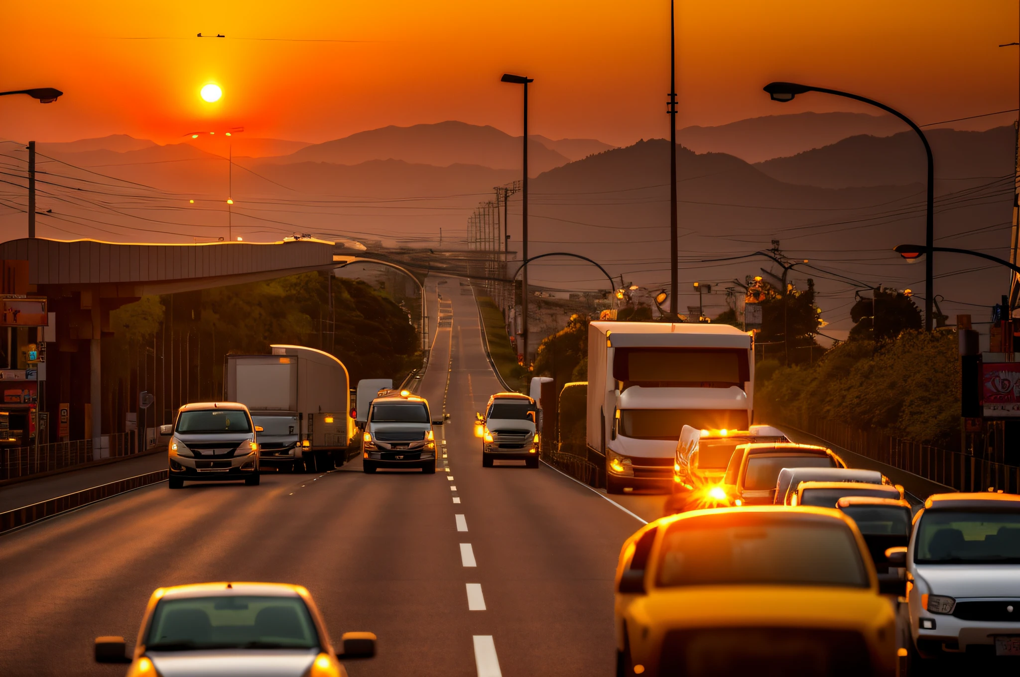 cars and trucks are traveling down a busy street at sunset, sunset kanagawa prefecture, sunset in the distance, highway and sunset!!, sunset in the background, the sun on the horizon, sunset!!!, the sun is setting, taken with sony a7r camera, in a sunset haze, sun setting in the background, it is sunset, traffic in background