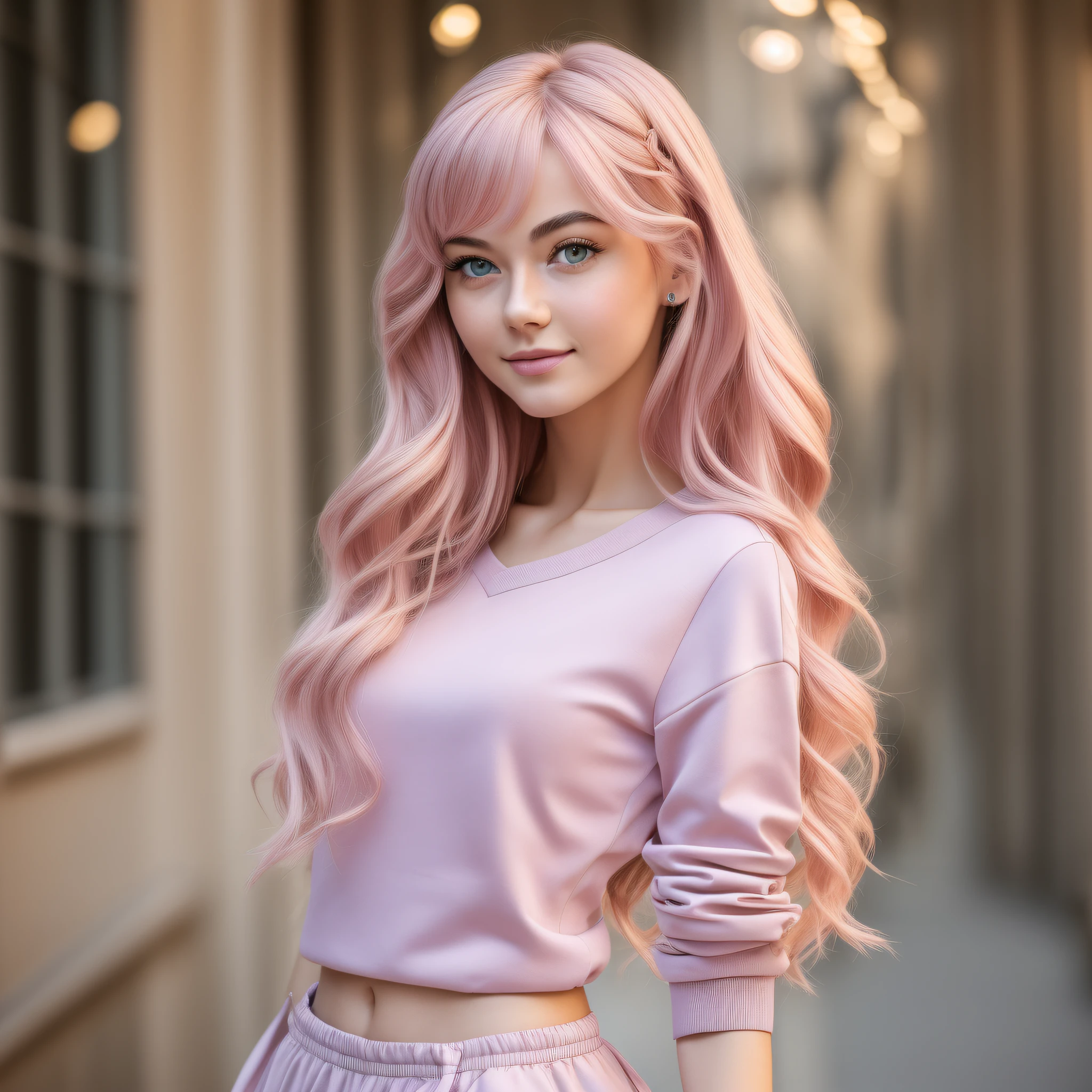 (masterpiece, detailed, high resolution:1.4), ((1girl, solo)), adult girl, 20 years old, height 158 cm, short, cafe background, 2nd size breasts, slim body, slim body type, ((long hair, pink hair, wavy hair)), ((light blue eyes)), closed beige sweatshirt, blue jeans, light blush on the face, satin ribbon color lips, full-length shot, front view, happy