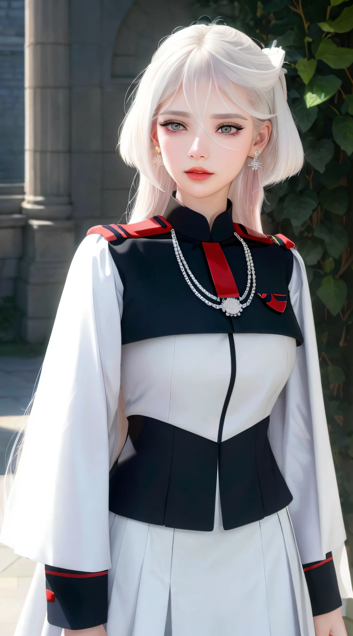 At war, upset, necklace, earrings, full body, long white hair, uniform, carrying sword, superb, ultra-high-definition, RAW photo, realism: 1.25), (bright lip gloss, long eyelashes, smooth face, bright skin, natural shadows, wide light, wide light, depth of field, strong colors, subtle caustics: 0.8), (big tits), v6