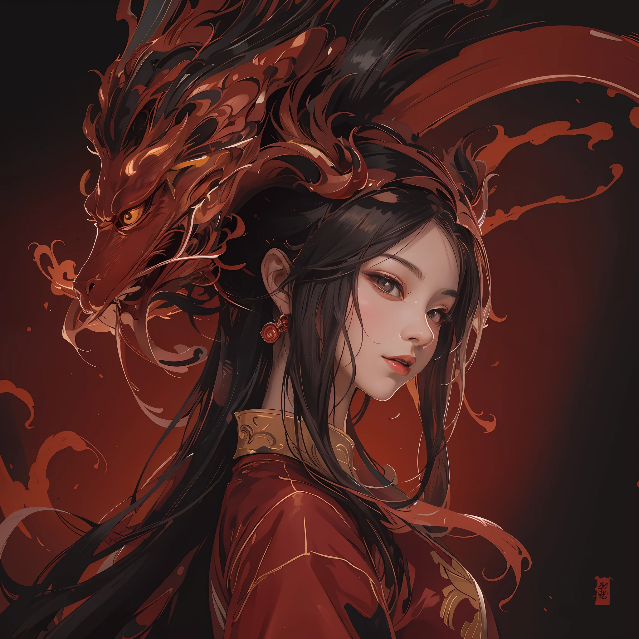 Anime girl with dragon head and long hair in red hanfu, dragon girl portrait, dragon girl, realistic lighting and shading, vivid color, acrylic painting, pixiv, 8k, best quality, ultra detailed