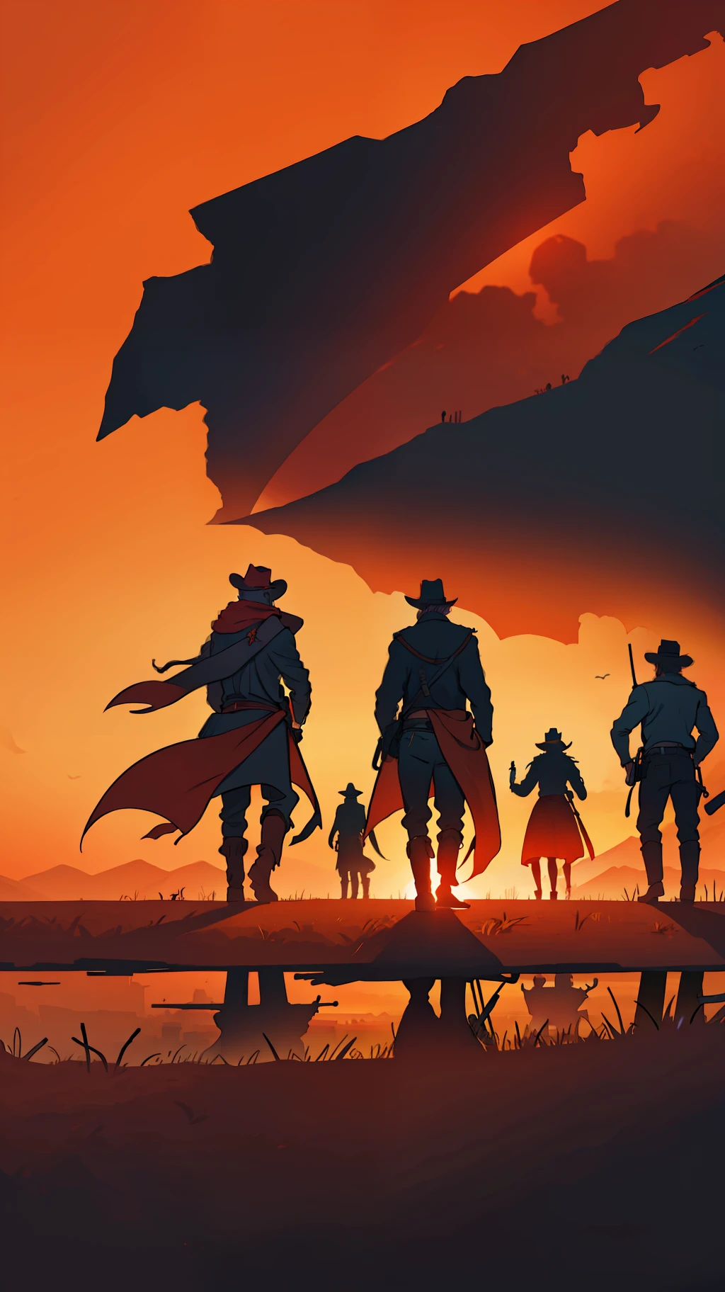 Wild West, five people with their backs to the horizon, Red Dead Remdeption, orange sky, bloody hands, black silhouettes