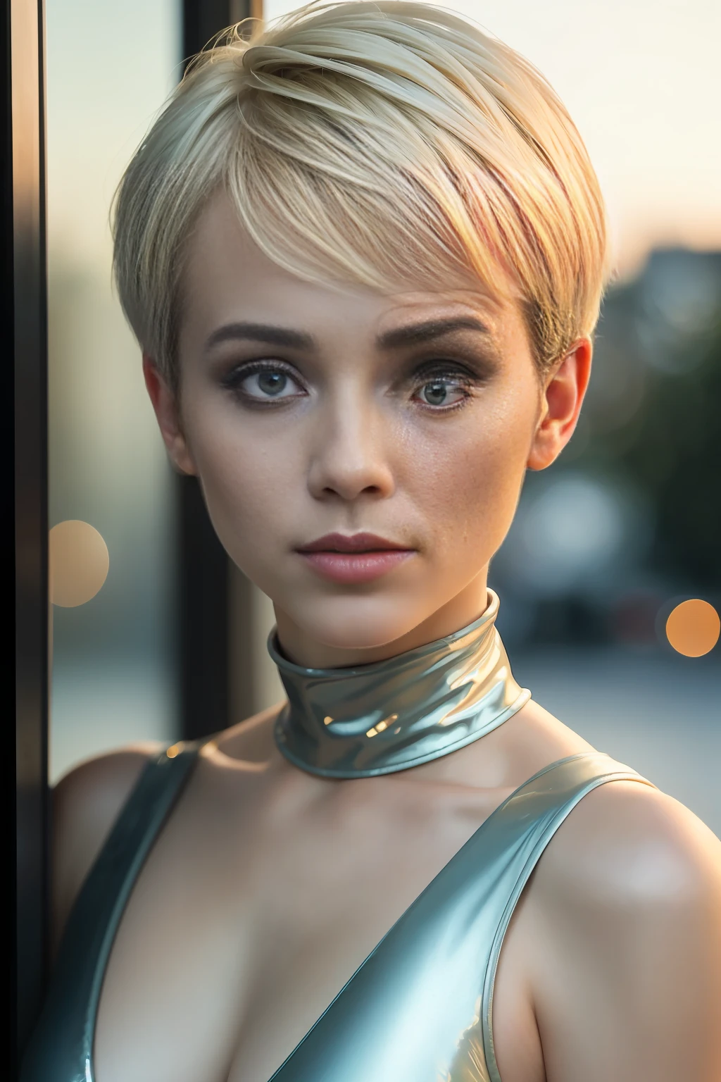 photo of a 25 years old european girl, RAW, beautiful woman, (pixie cut blonde hair), ((portrait)), ((detailed face:1.2)), ((detailed facial features)), (finely detailed skin), pale skin, athletic body, high detailed plunging bodycon hazmat suit, outdoor environment, (cold colors), damp, moist, reflections, (masterpiece) (perfect proportion)(realistic photo)(best quality) (detailed) photographed on a Canon EOS R5, 50mm lens, F/2.8, HDR, (8k) (wallpaper) (cinematic lighting) (dramatic lighting) (sharp focus) (intricate) fashion, from above