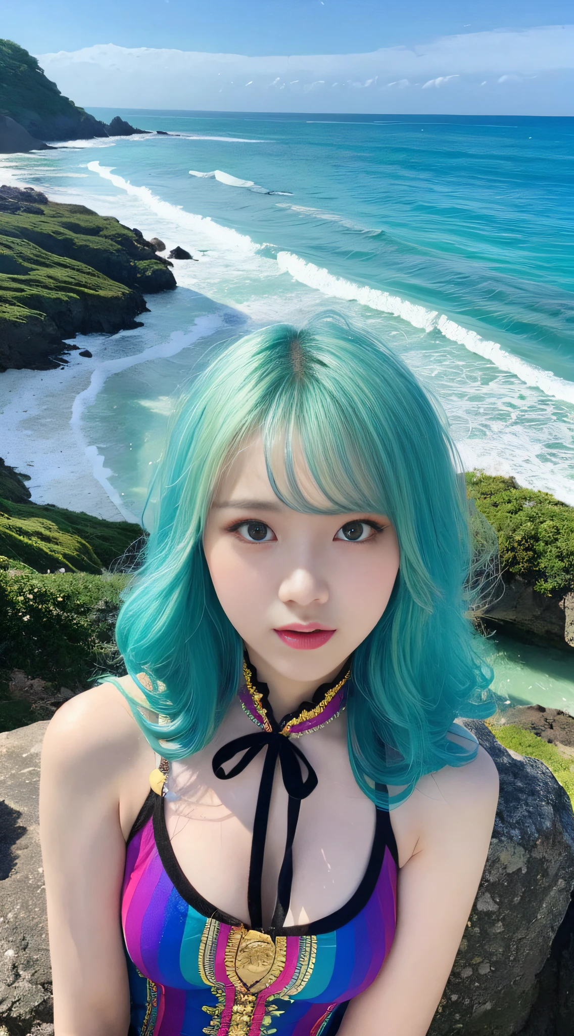 1girl,Beautiful,Magic Style,best quality,masterpiece,(rainbow-candy:0.8),(Half-body:1.3),Ocean,Cool Tone,low saturation,