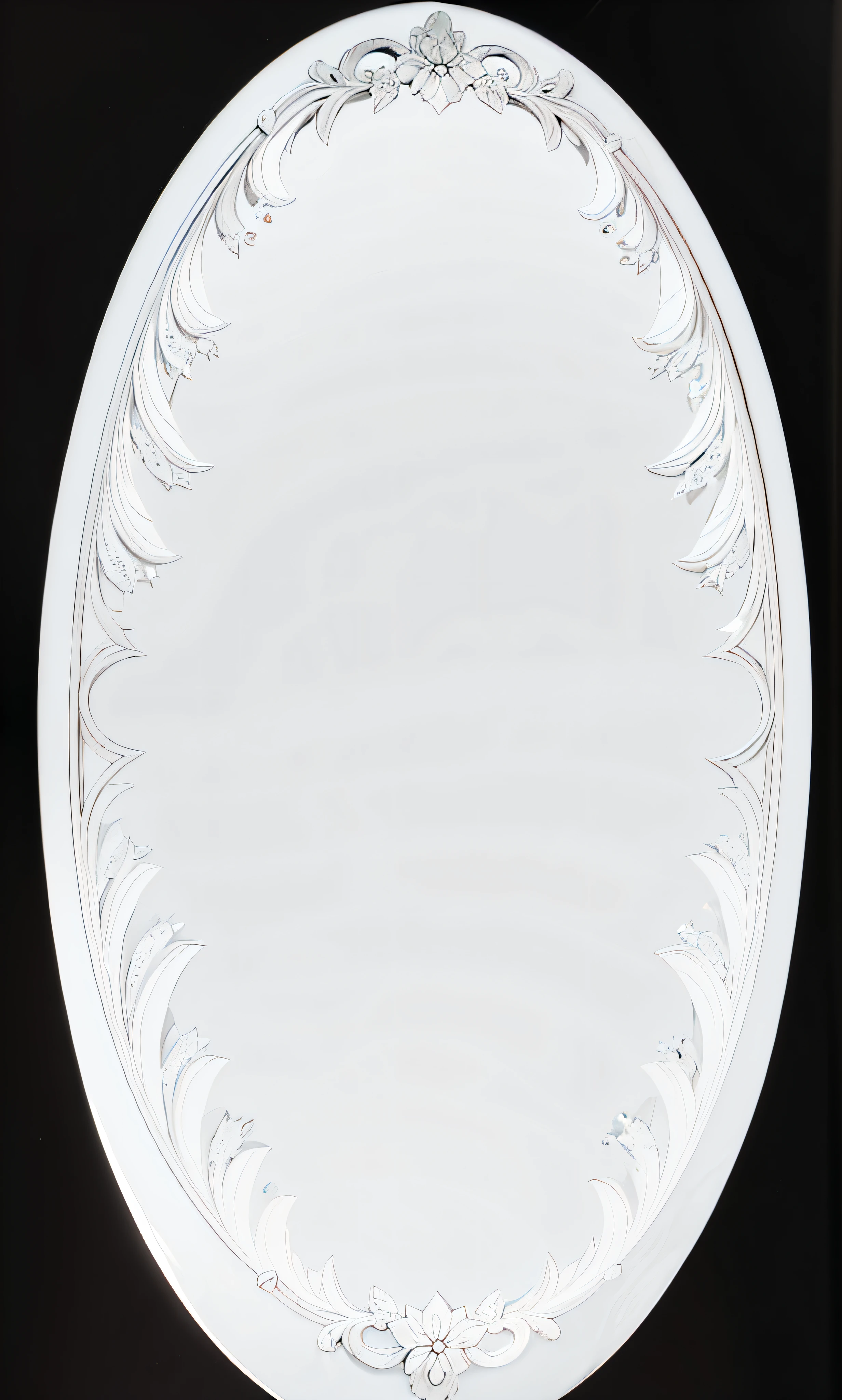 Pure white in the middle, only the frame has a pattern, symmetrical drawing, black and white, oval floor mirror, fully symmetrical narrow frame pattern, rich details, frame European pattern concave and convex, black background, smooth lines, strong chiaroscuro