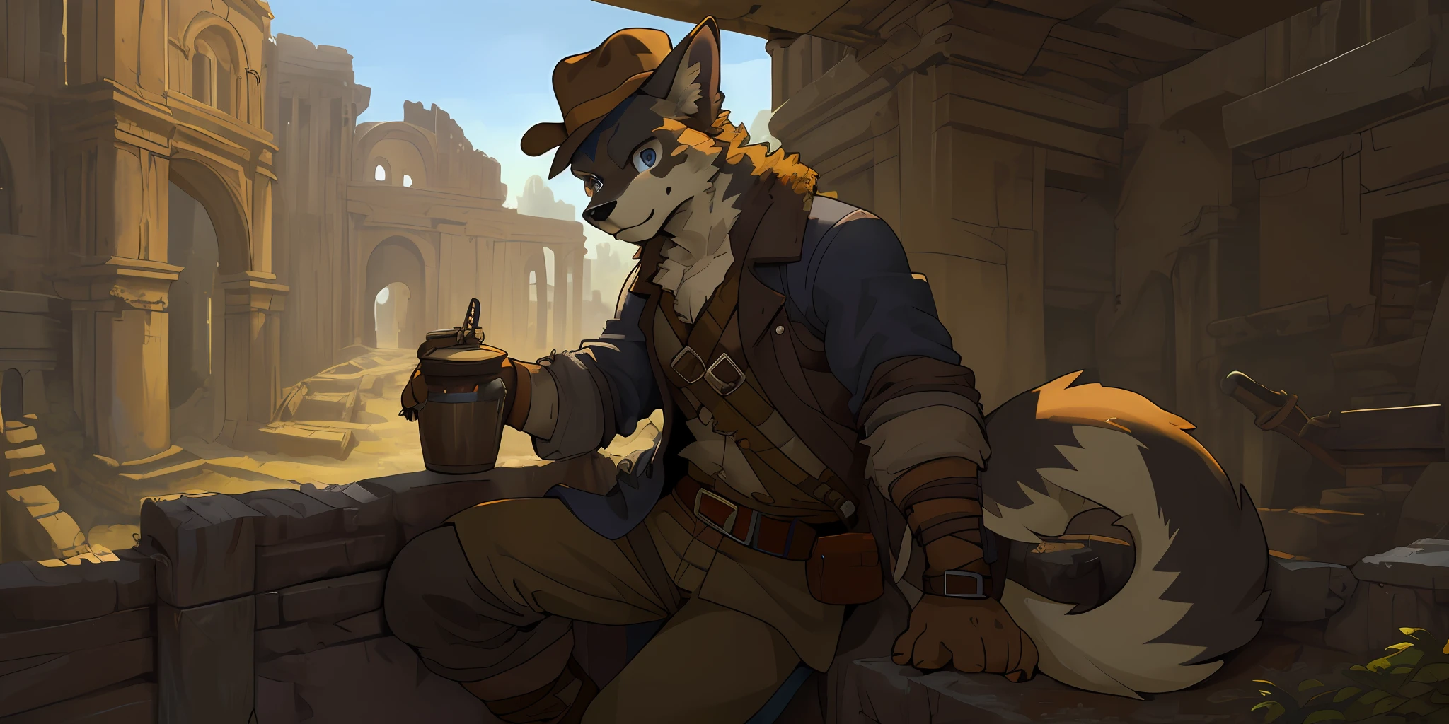 top quality, best quality, High-quality illustrations by Michelangelo, by Johannes Vermeer, masterpiece, super high resolution, detailed background, Old Ruins, Dungeons, Indiana Jones series, movie poster(highly detailed beautiful face and eyes)absurdres, perfect anatomy(handsome 1boy, kemono, solo focus, Adventurer, Archaeologist)(furry)(furry anthro:1.7)(Furry body, dog facial features, dog body features)(very detailed body fur)full body, Dirty Coat and Hat,