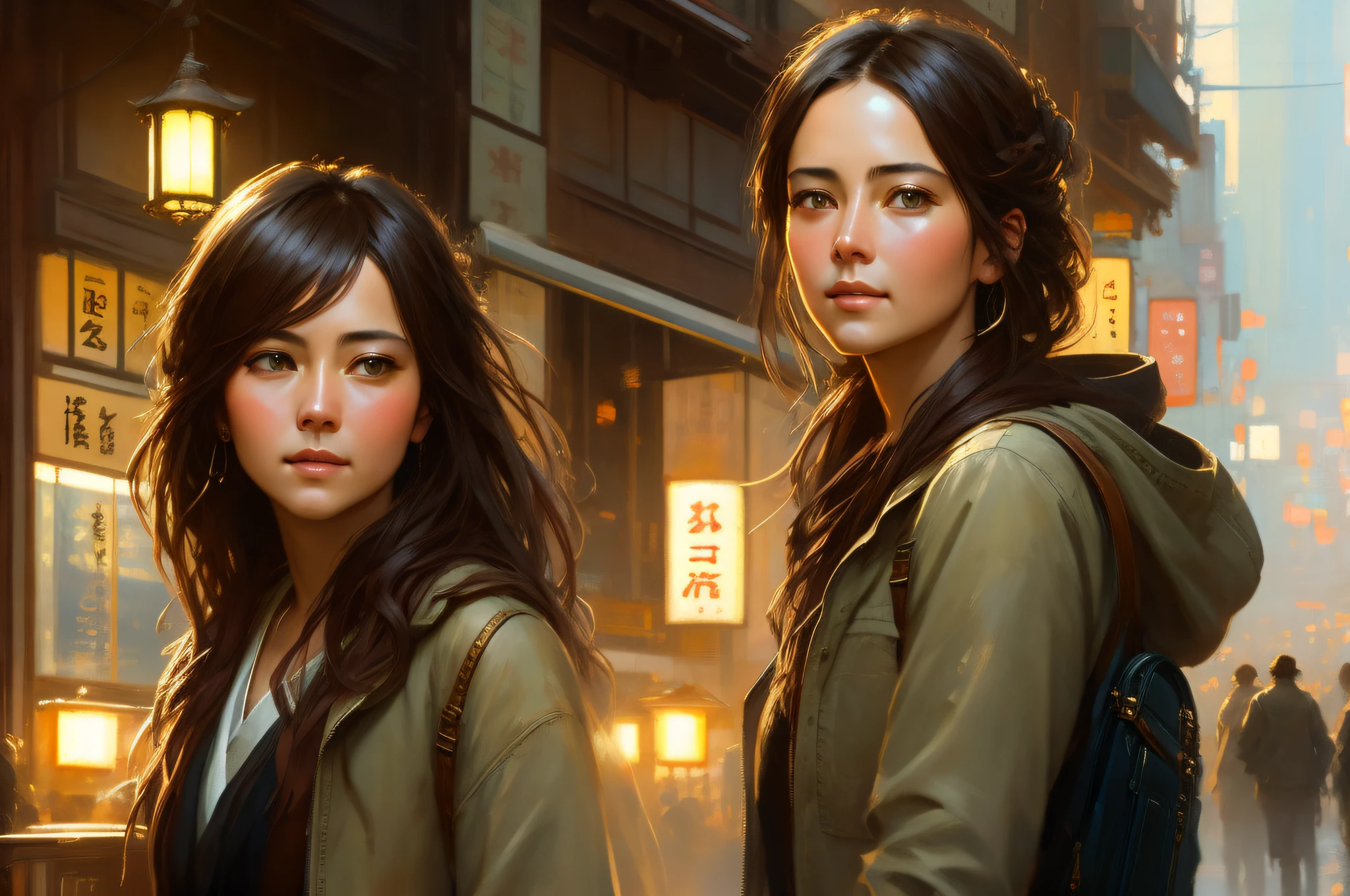 Very detailed CG unified 8k wallpaper), looking at the viewer, a photo of a beautiful woman's face, cute look, attractive, the most beautiful artwork in the world, Japanese streets, Tokyo, people walking, sunny days, sun, radiant light, light, shopping, daily life, shops, trade, professional majestic oil paintings by Ed Blinkey, Atey Ghailan, Jeremy Mann, Greg Manchess, Antonio Moro, Trends on ArtStation, trends on CGSociety, intricacies, high detail, sharpness, drama, realistic midjourney and the art of painting by Greg Rutkowski