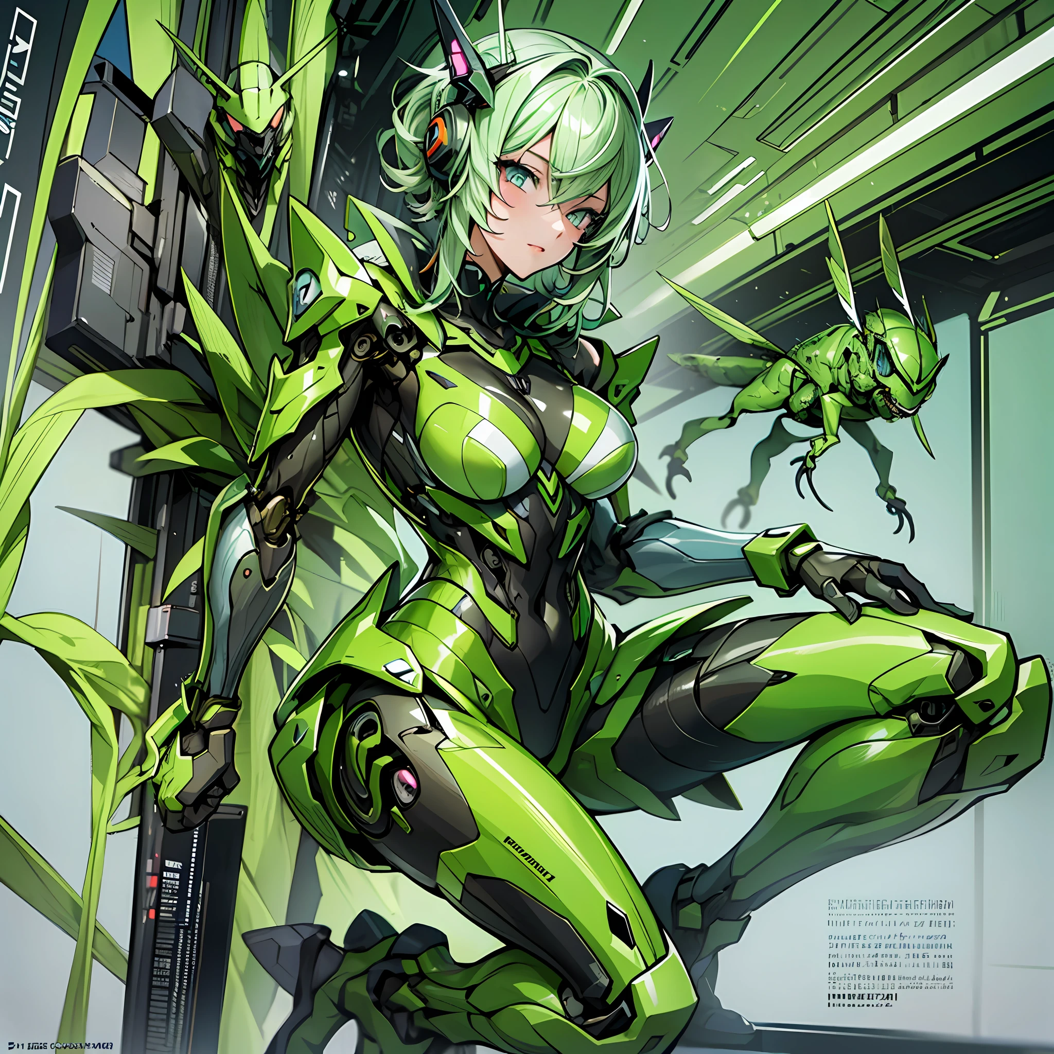 Woman in grasshopper color costume, best anime 4K wallpaper, full body, cyberpunk grasshopper, mechanized valkyrie girl, biomechanical, highly detailed Artgerm based on grasshopper, cyborg grasshopper, anime style 4k, grasshopper