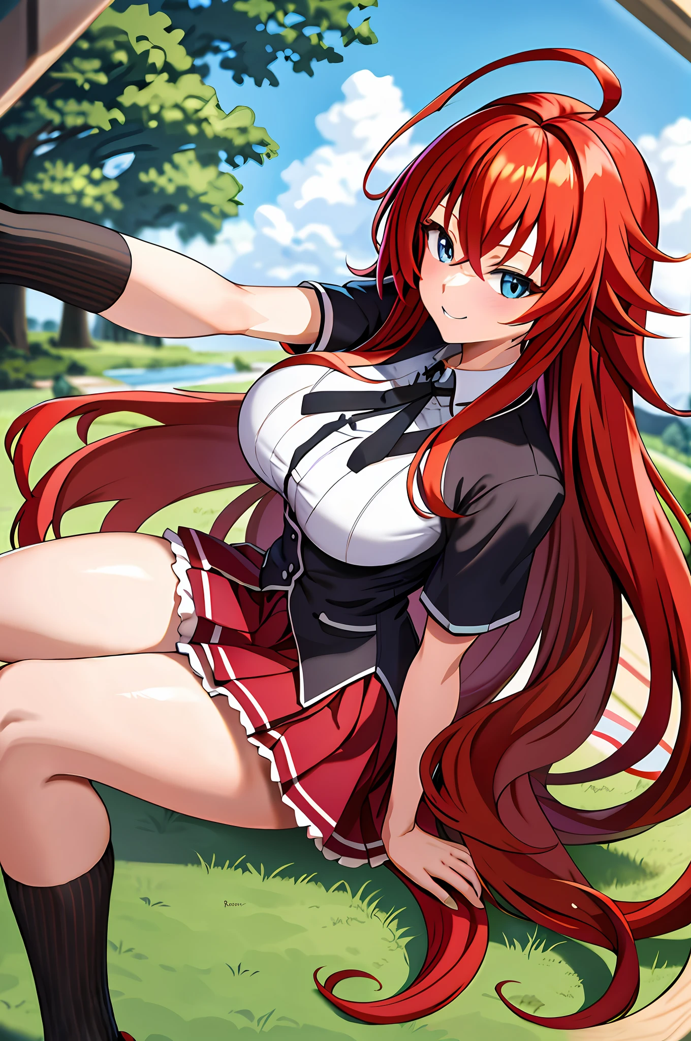 masterpiece, best quality, highres, best quality, highres, rias gremory, 1girl, long hair, school uniform, red hair, ahoge, blue eyes, large breasts, very long hair, breasts, skirt, huge ahoge, socks, standing, outdoors,