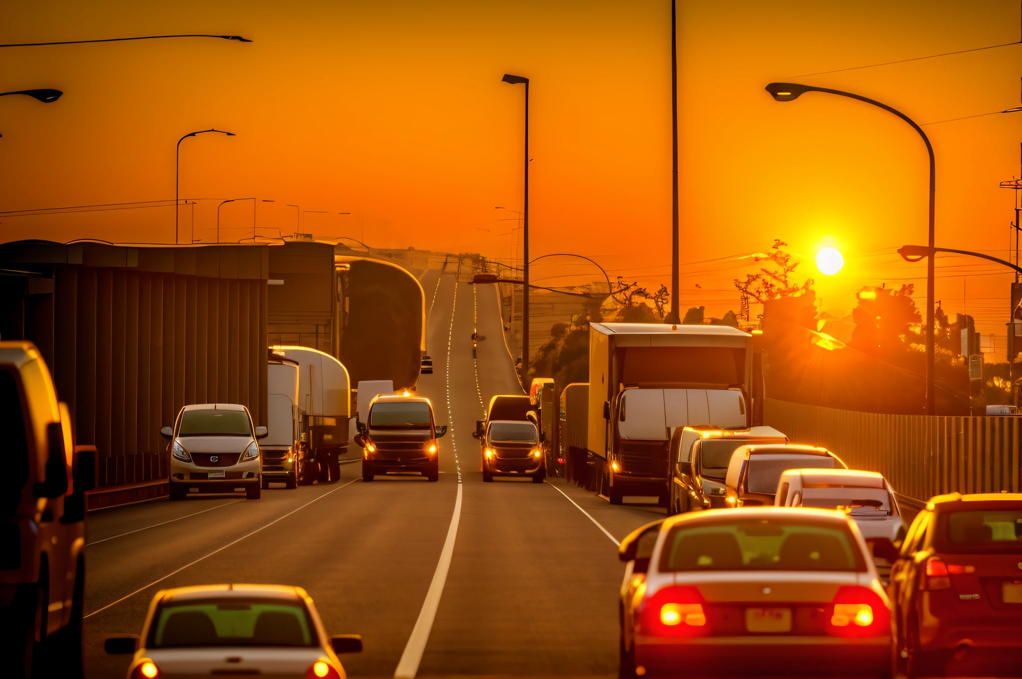 cars and trucks are traveling down a busy street at sunset, sunset kanagawa prefecture, sunset in the distance, highway and sunset!!, sunset in the background, the sun on the horizon, sunset!!!, the sun is setting, taken with sony a7r camera, in a sunset haze, sun setting in the background, it is sunset, traffic in background