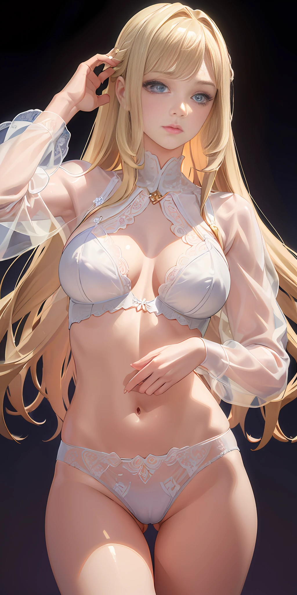 (photorealistic:1.4), (masterpiece, sidelight,: 1.2), masterpiece, very detailed and detailed beautiful eyes, very beautiful face, portrait, realistic, 3D face, glowing eyes, shiny hair, skin gloss, alone, embarrassed, (midriff), light purple very detailed lace see-through underwear, blonde hair, long sleeves, long hair, angle from below