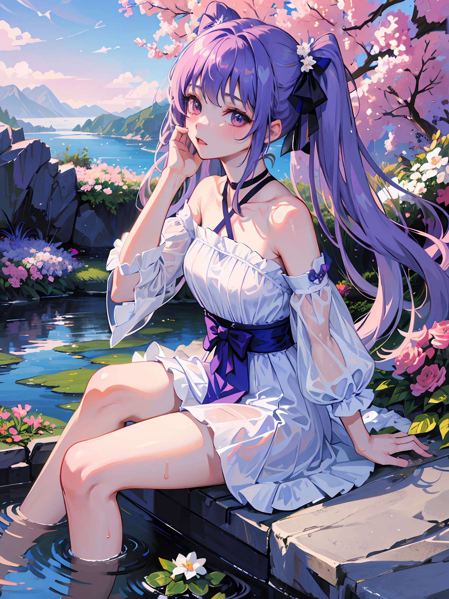 ((Best Quality, 8K, Masterpiece: 1.3)), {{Masterpiece}}, Illustration, Best Quality, Very Detailed CG Unity 8k wallpaper, 1girl_solo, full_body, from_top, looking_at_viewer, looking_up, (White Pantyhose: 1.3), Purple Hair, Double Tail, (Nude Dress: 1.3), hair_ribbon, Strong Edge Light, Lake, Flowers, Rain, clothes splash, (wet clothes: 1.5), , good figure, sexy and charming woman, sitting, collarbone, slip sleeveless dress, Sleeveless, The arms are unobstructed,