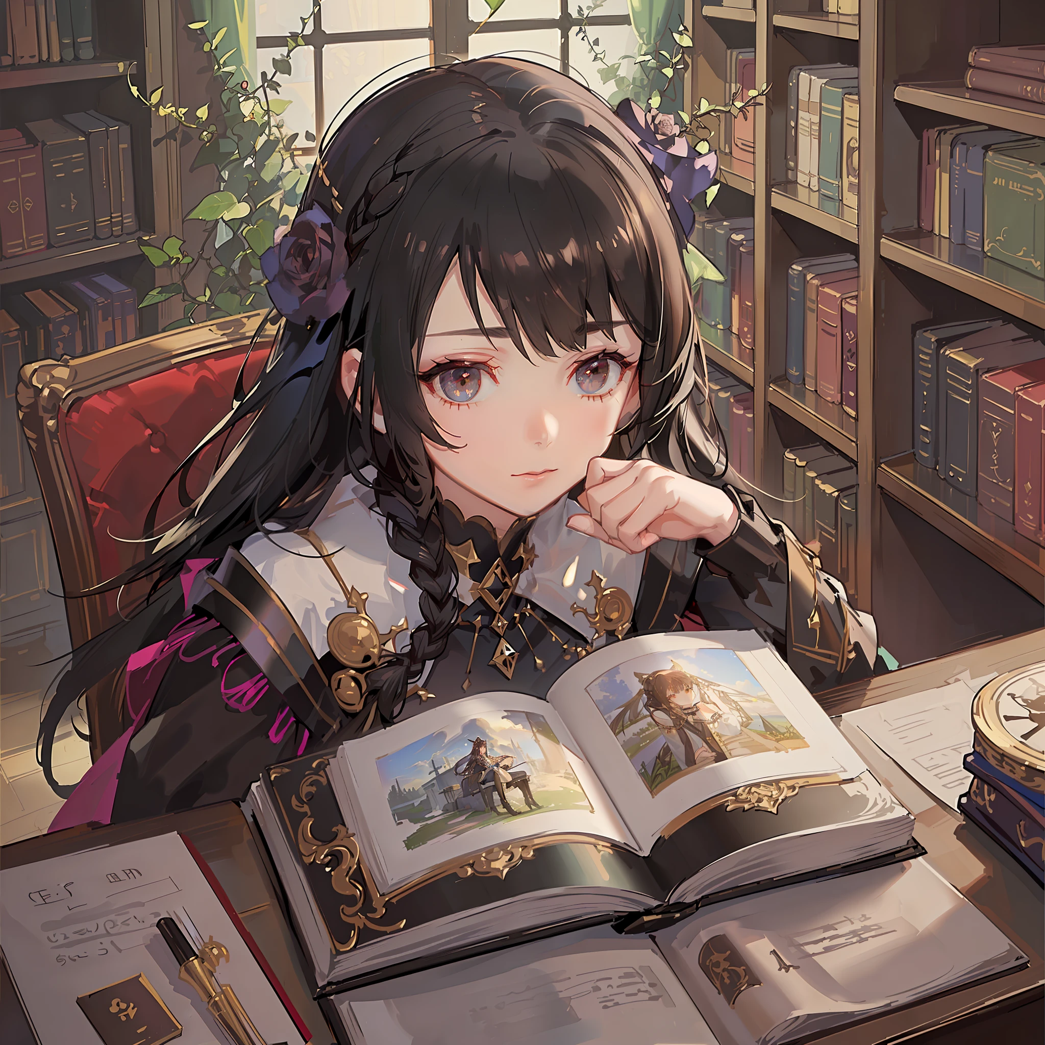 Anime Moe Art Style, Masterpiece Quality, Extreme Detail and Complexity, Cinematic Lighting, High Resolution Illustrations, Beautiful Face with Eyes, Dark Shadows and Overexposure, [Black/Brown Hair], Single Twist Braid, Brown Eyes, Sitting on a Chair, Medium, Witch's Clothing, Bookshelf, Library, Vines, Roses, Looking at the Viewer, Witch's Room, Candle, Pentagram, Clock, Vintage Globe, Blunt Bangs Covering Forehead, Decent Makeup