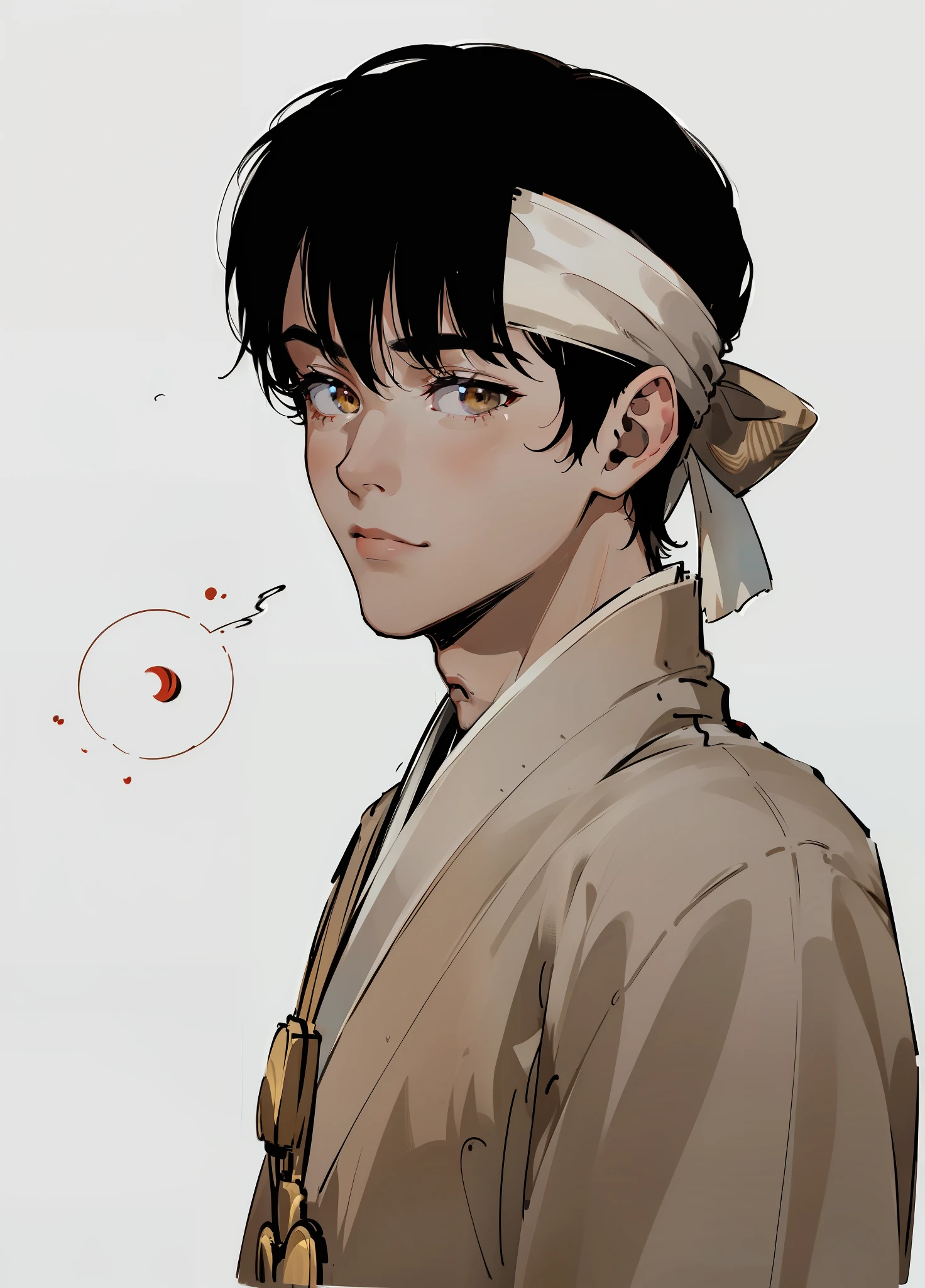 (((1boy))), ((toned)), male focus, masterpiece, high quality, (masterpiece:1.2), (best quality:1.2), shiny, realistic, ornate, intricate skin, bandana on white head, ((black hair)), (short hair), brown eyes, bangs, hair between eyes, hair_stick, fox_boy, japanese_clothes, solo, pointy_ears, hair_bun, hair_ornament, hair_pin, holding_fan, paper_fan, elegant, looking_at_viewer, holding_fan, red_eyeliner, FH , looking at the horizon, pupils constricted, (shadows cast over the face:1.3), dark room, shadow room, sad expression, (upper body), (splash of paint)