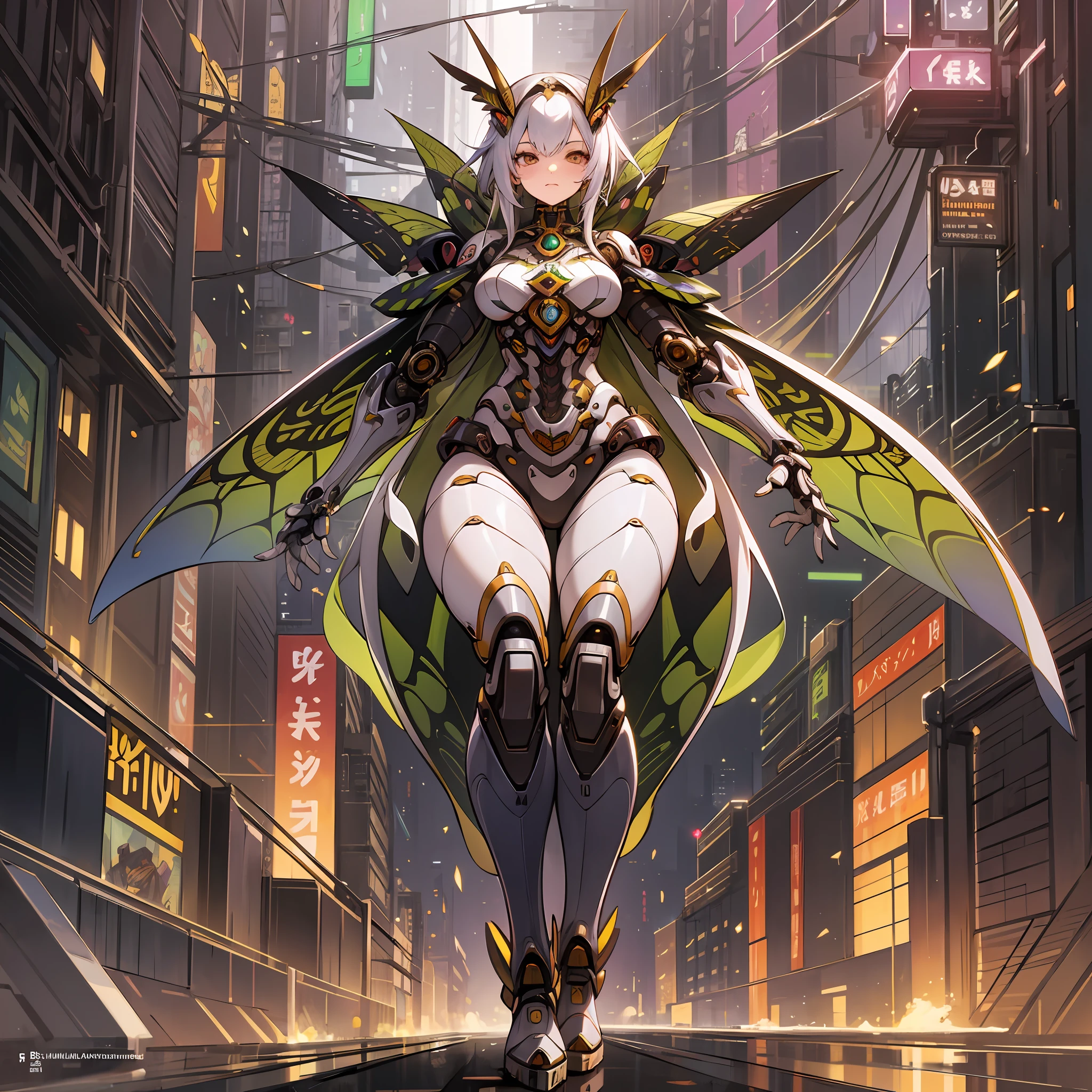 Woman in silkworm moth color costume, best anime 4K wallpaper, full body, cyberpunk silkworm moth, mechanized valkyrie girl, biomechanical, highly detailed artgerm based on silkworm moth, cyborg silk moth, anime style 4k, silkworm moth